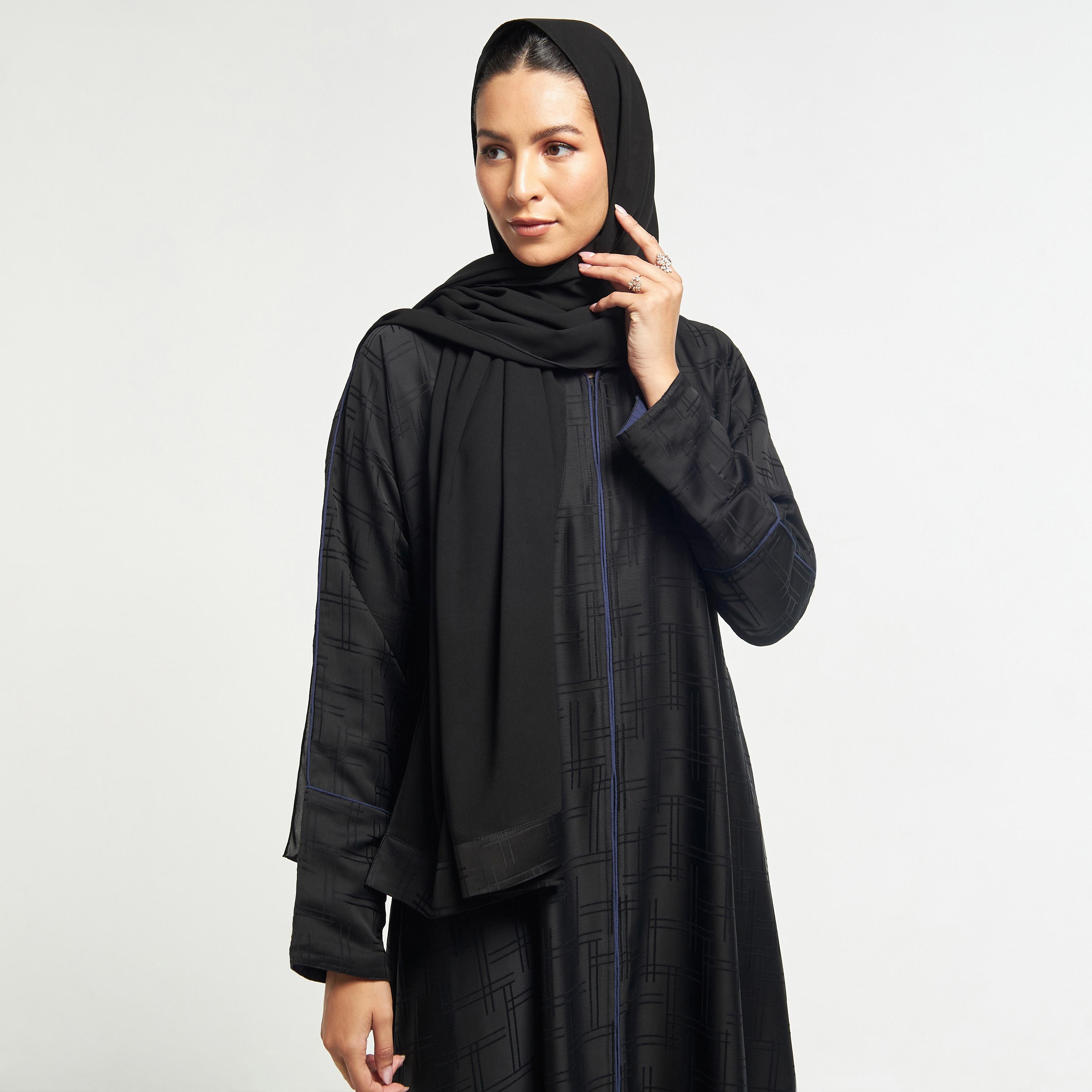 Hadiyath Al Madinah Textured V-neck Abaya with Hijab-women-arabicclothing-abayas-image-2