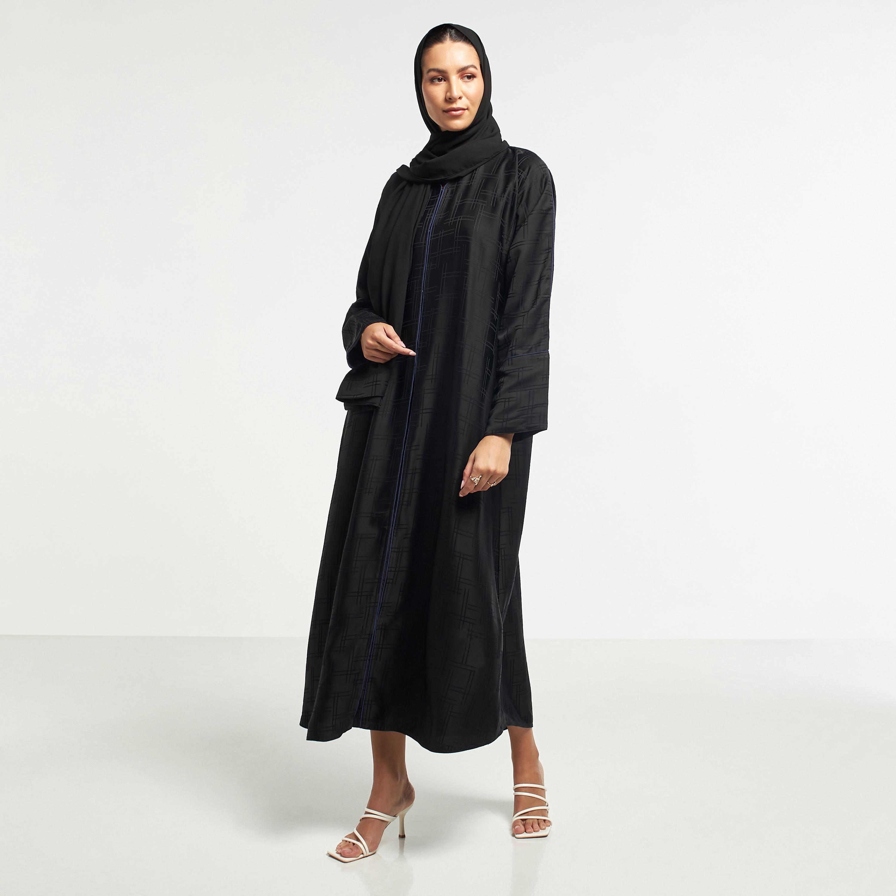 Hadiyath Al Madinah Textured V-neck Abaya with Hijab-women-arabicclothing-abayas-image-4