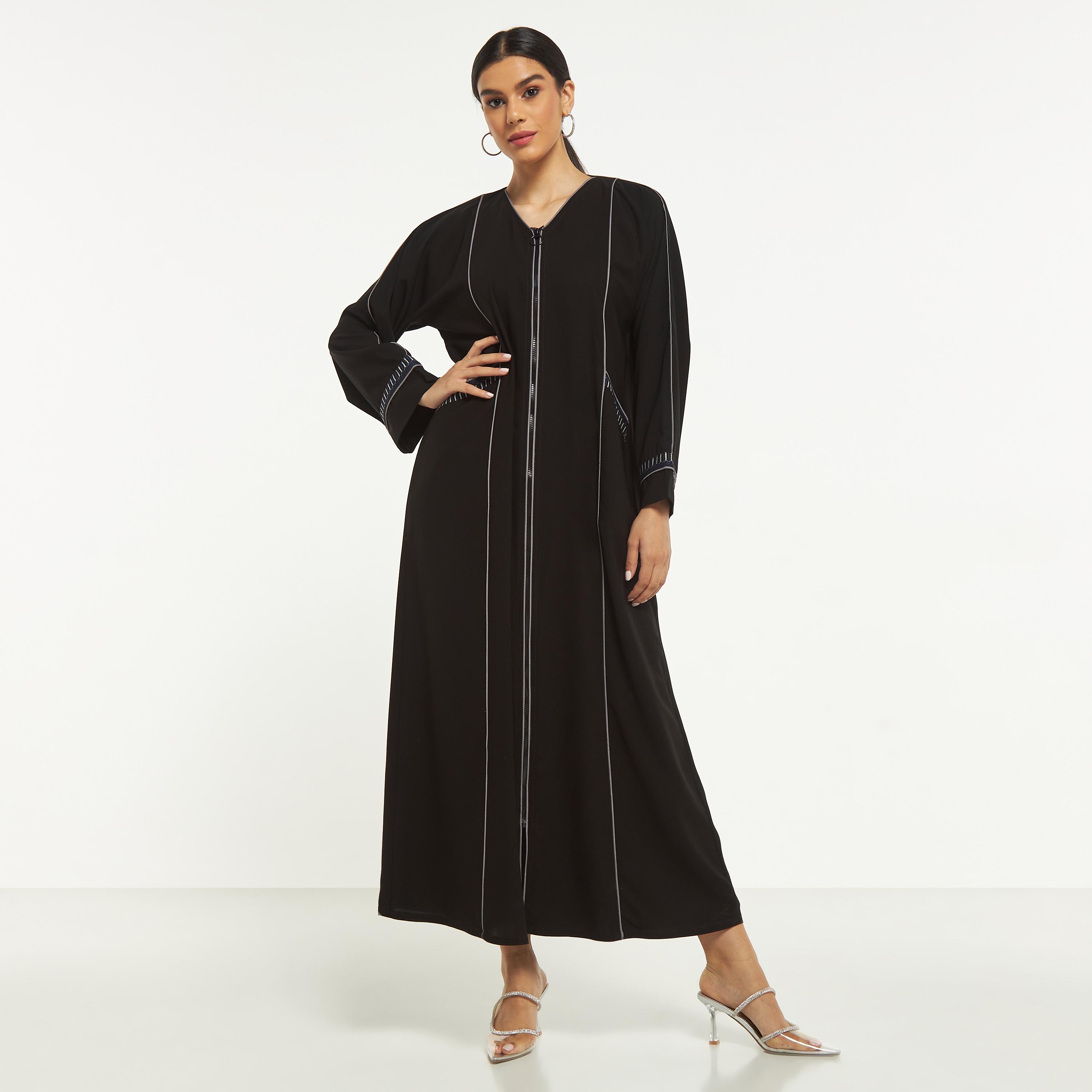 Hadiyath Al Madinah Embroidered Abaya with Piping Detail and Pockets-women-arabicclothing-abayas-image-1