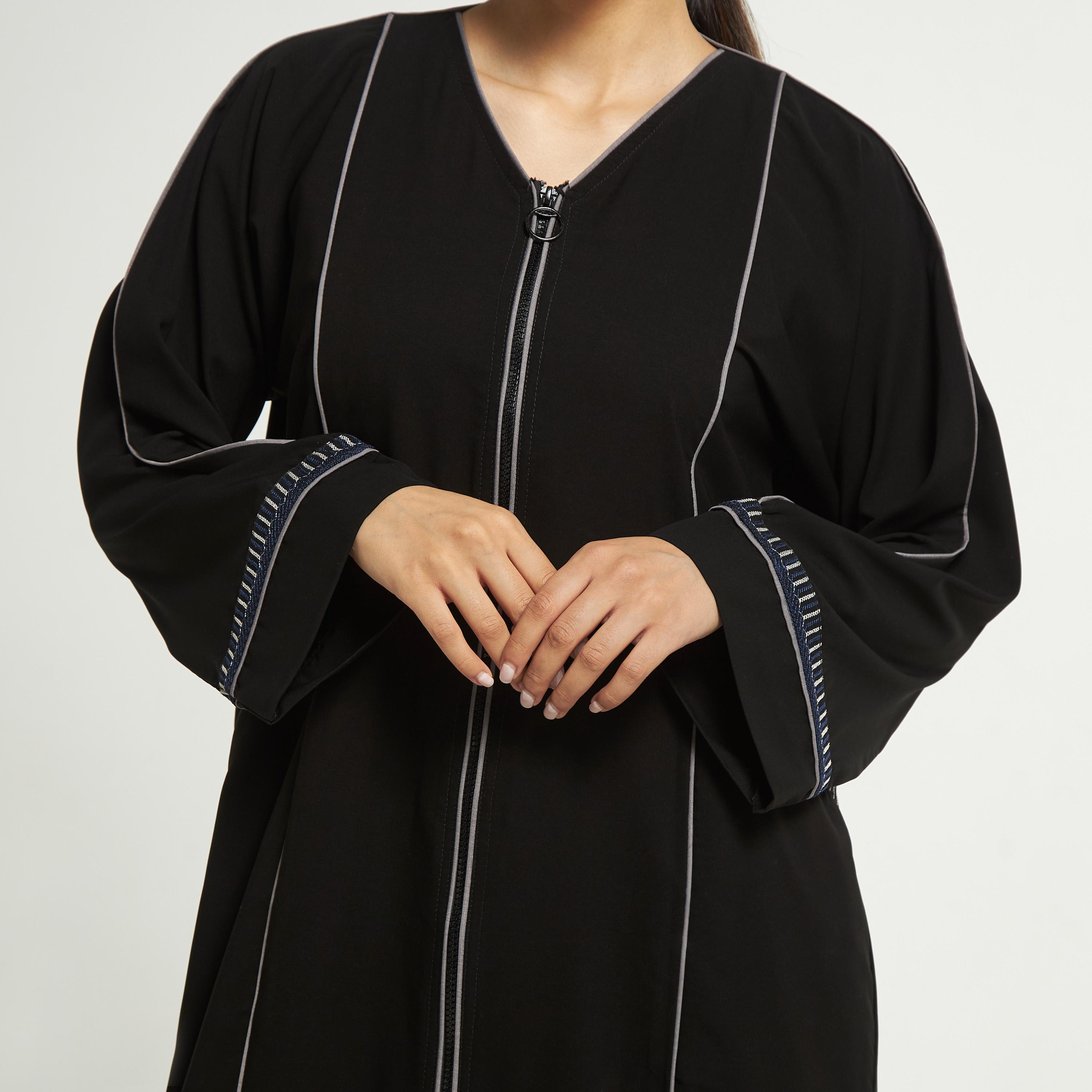 Hadiyath Al Madinah Embroidered Abaya with Piping Detail and Pockets-women-arabicclothing-abayas-image-2