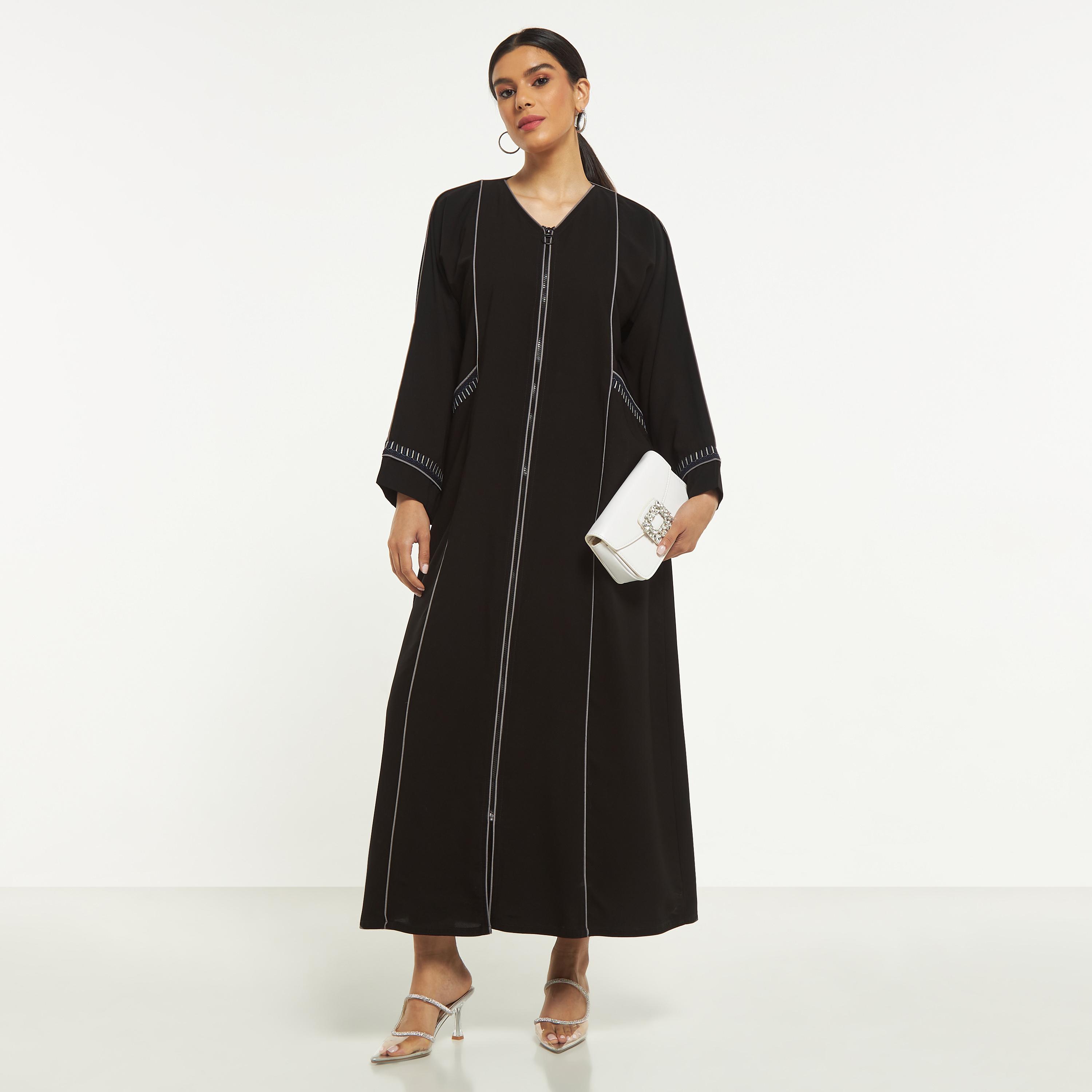 Hadiyath Al Madinah Embroidered Abaya with Piping Detail and Pockets-women-arabicclothing-abayas-image-4