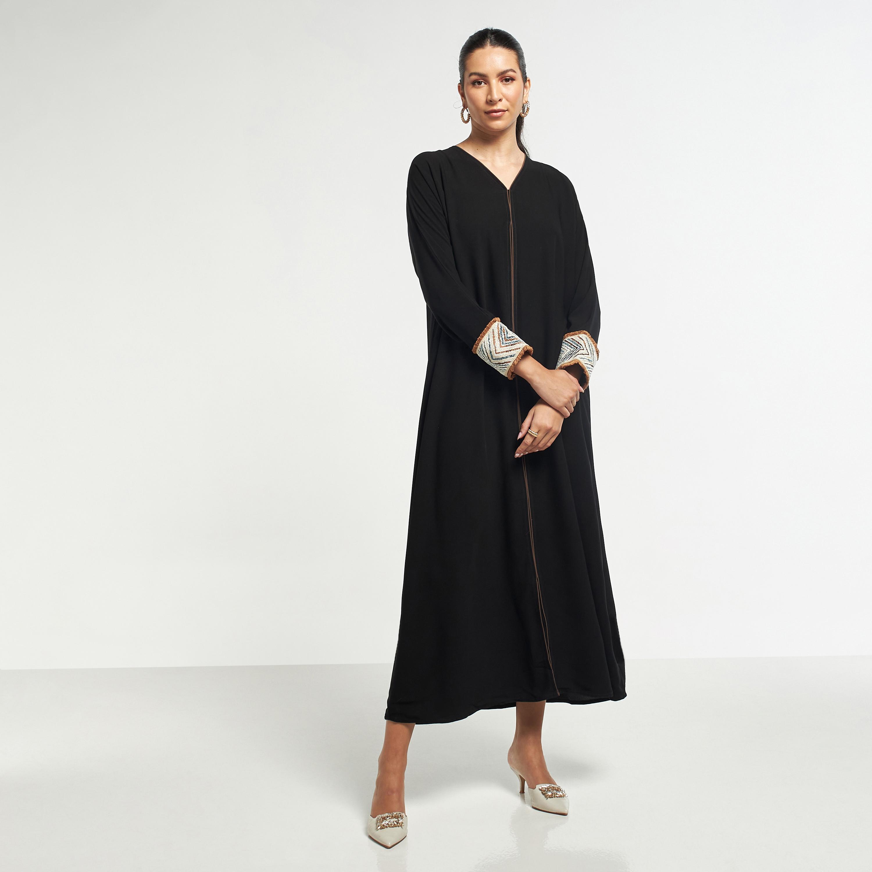 Hadiyath Al Madinah Solid Abaya with Textured Cuffs and Hijab-women-arabicclothing-abayas-image-1