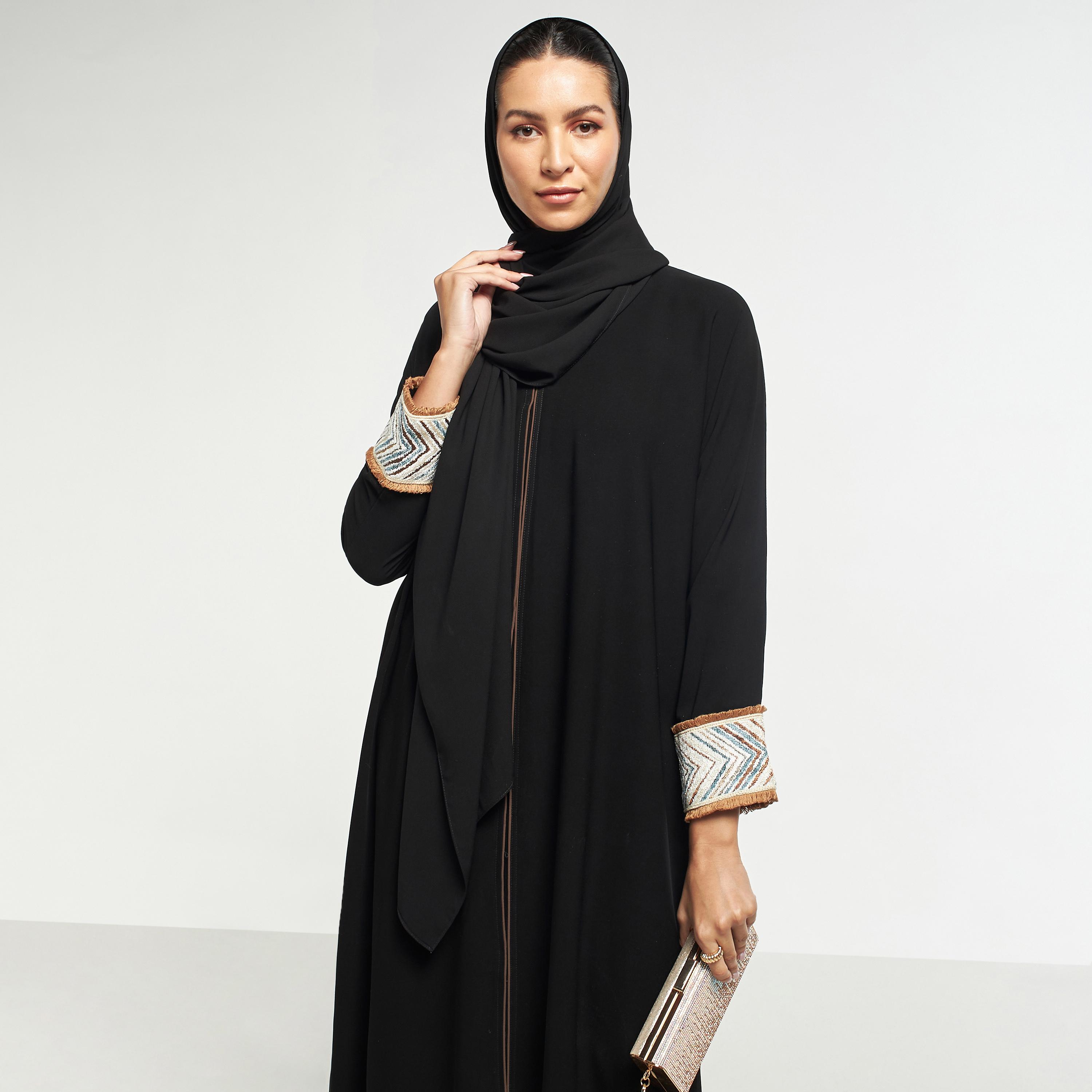 Hadiyath Al Madinah Solid Abaya with Textured Cuffs and Hijab-women-arabicclothing-abayas-image-2