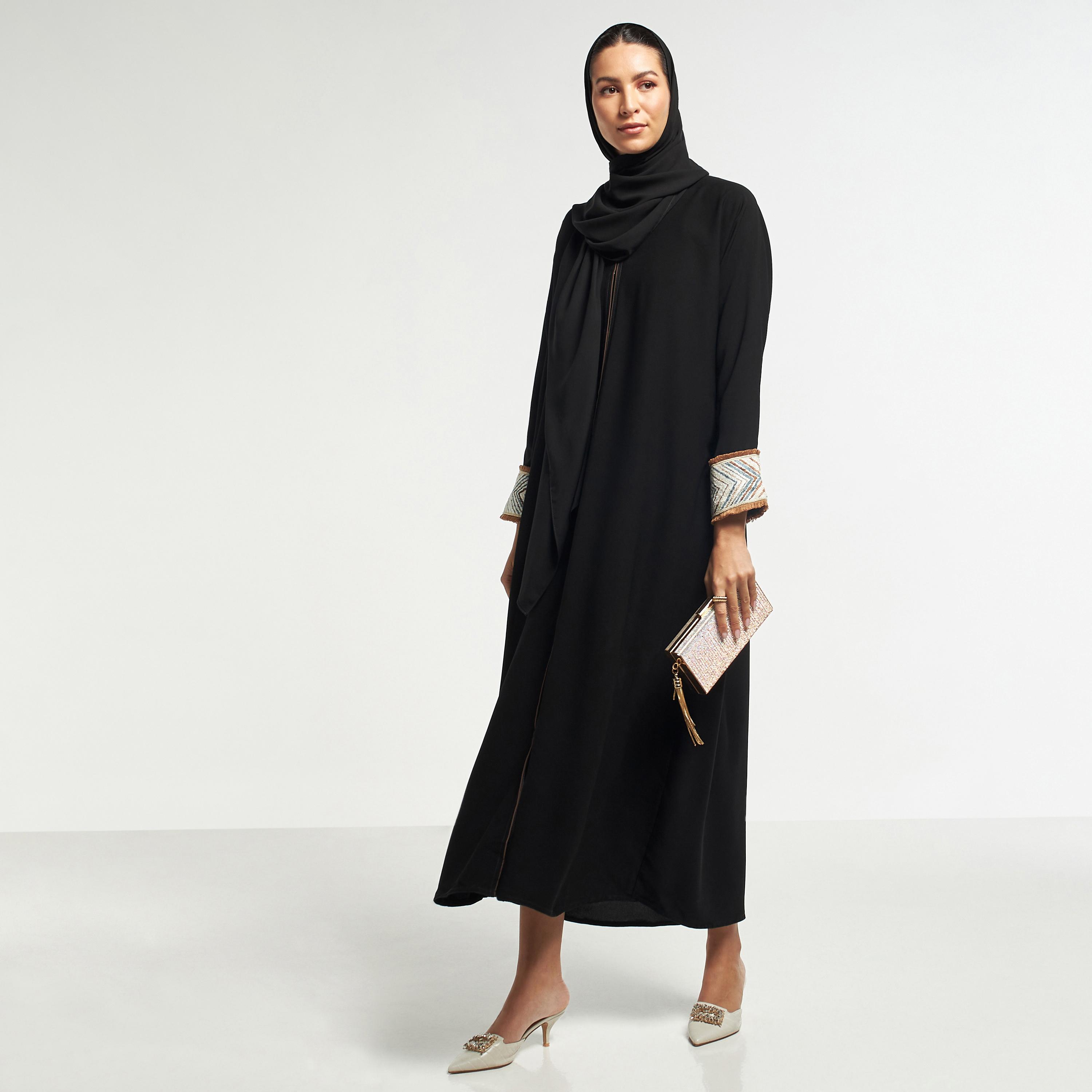 Hadiyath Al Madinah Solid Abaya with Textured Cuffs and Hijab-women-arabicclothing-abayas-image-4