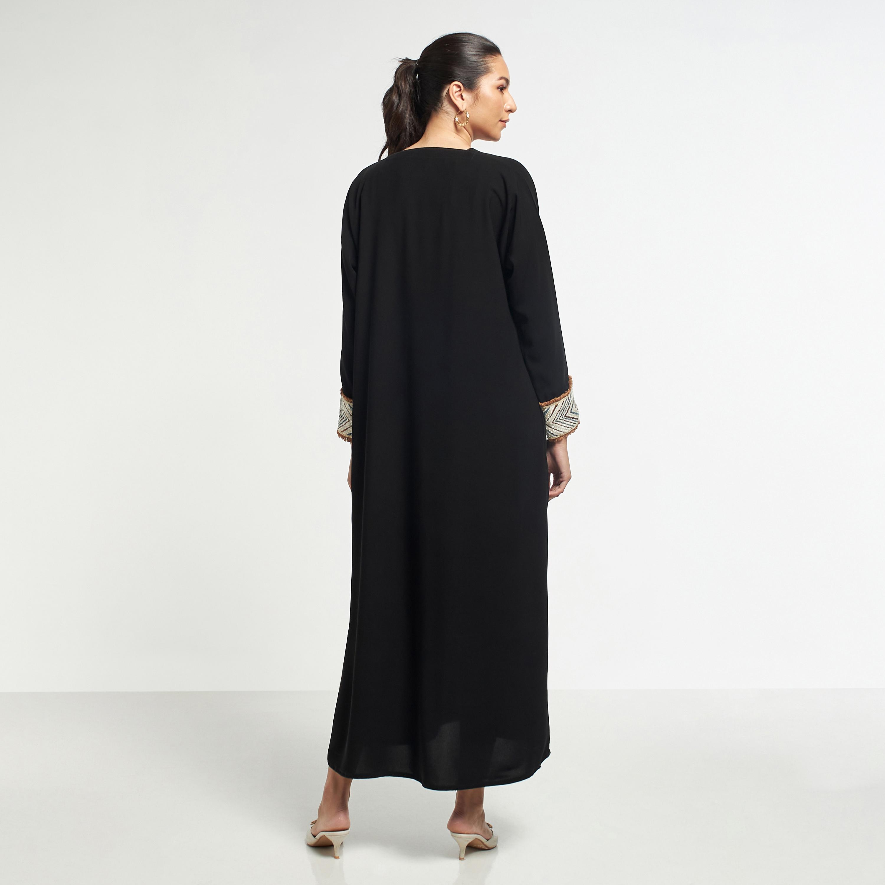 Hadiyath Al Madinah Solid Abaya with Textured Cuffs and Hijab-women-arabicclothing-abayas-image-5