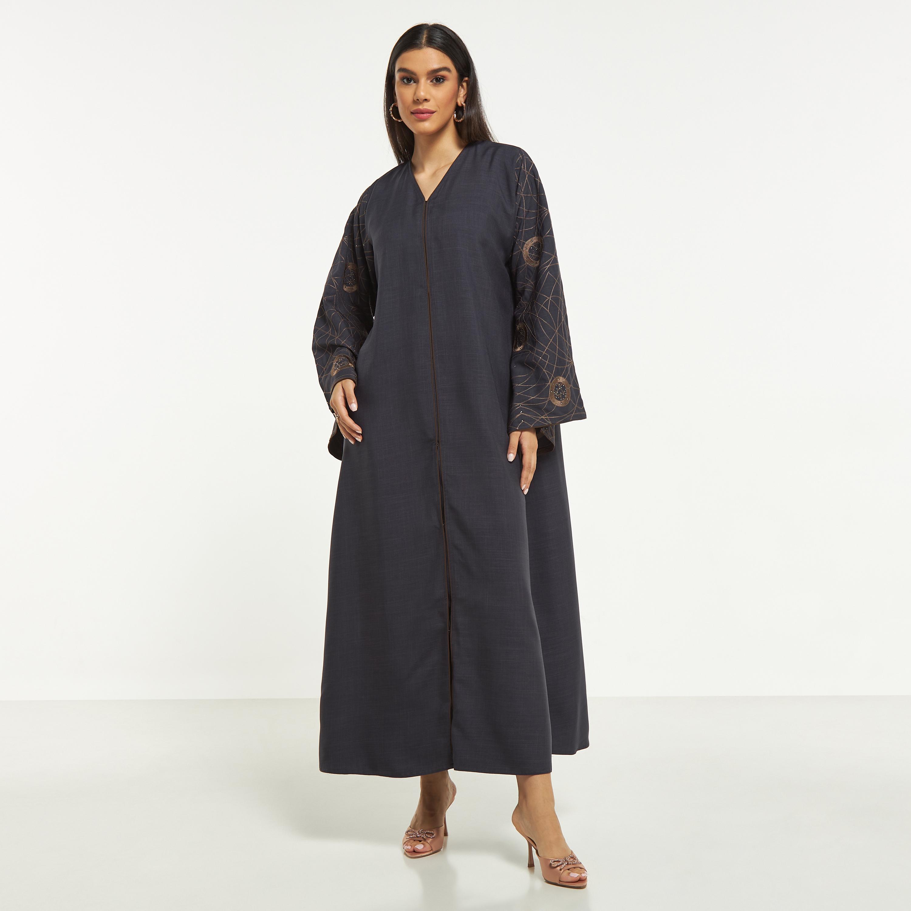 Hadiyath Al Madinah Embroidered Abaya with V-neck-women-arabicclothing-abayas-image-1