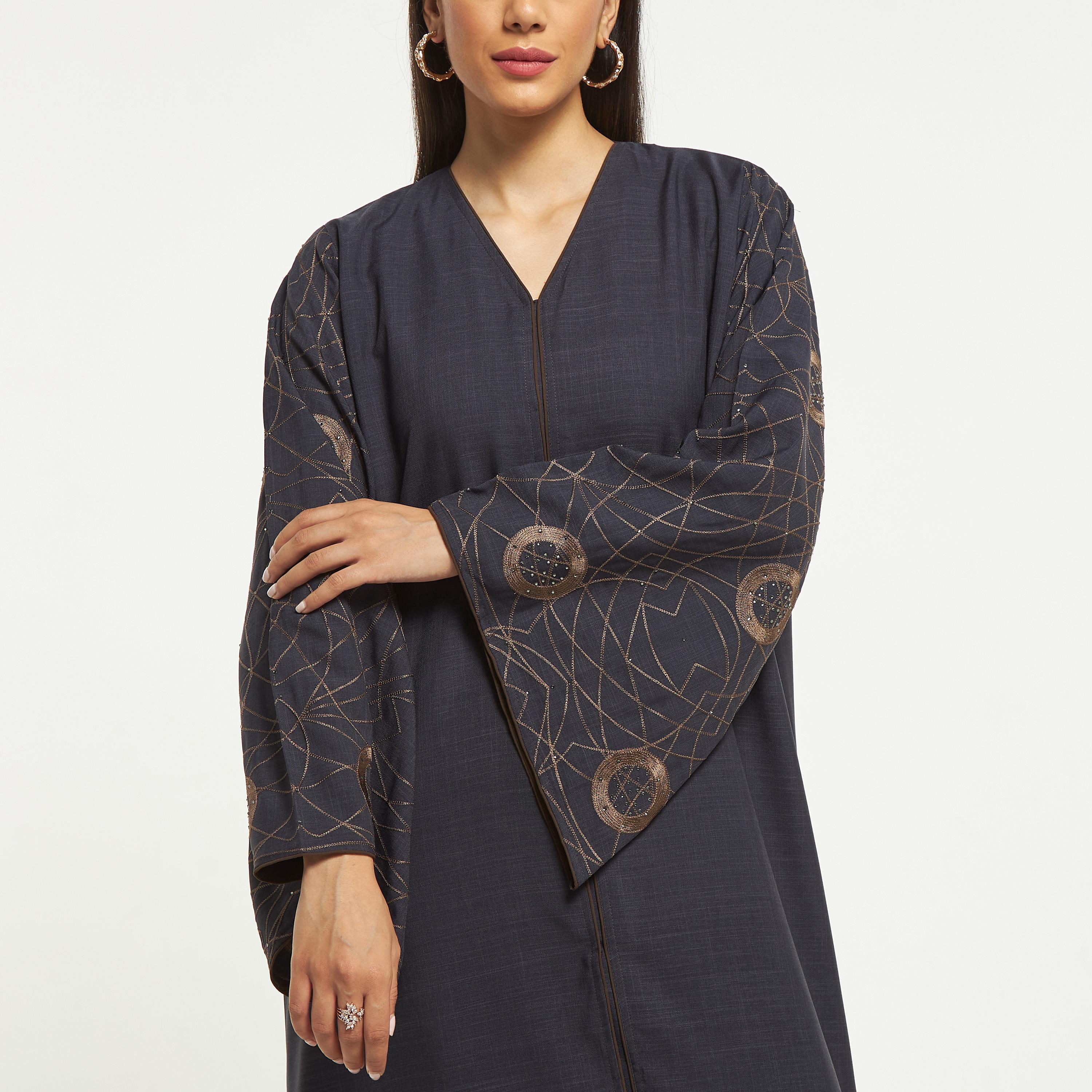 Hadiyath Al Madinah Embroidered Abaya with V-neck-women-arabicclothing-abayas-image-2