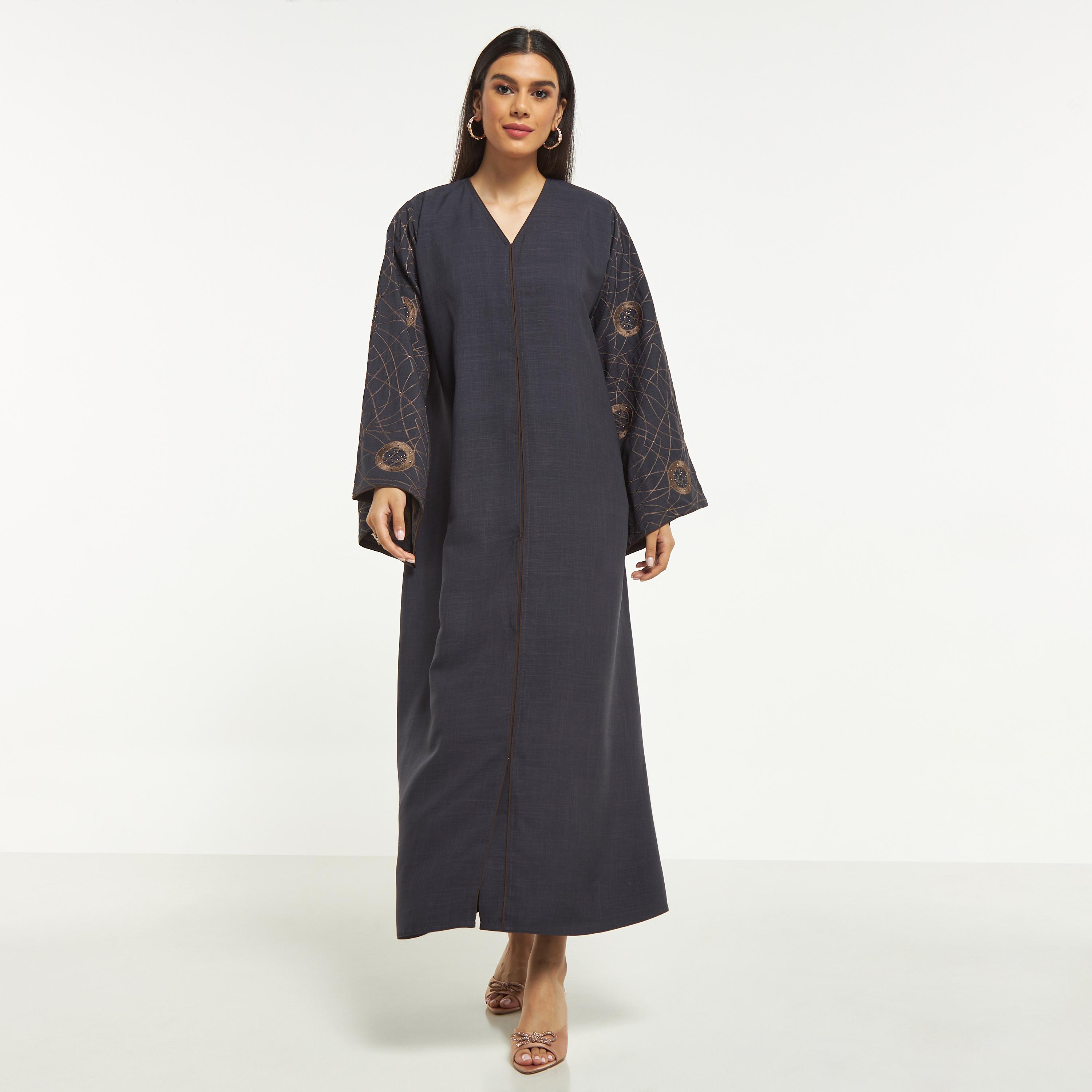 Hadiyath Al Madinah Embroidered Abaya with V-neck-women-arabicclothing-abayas-image-4