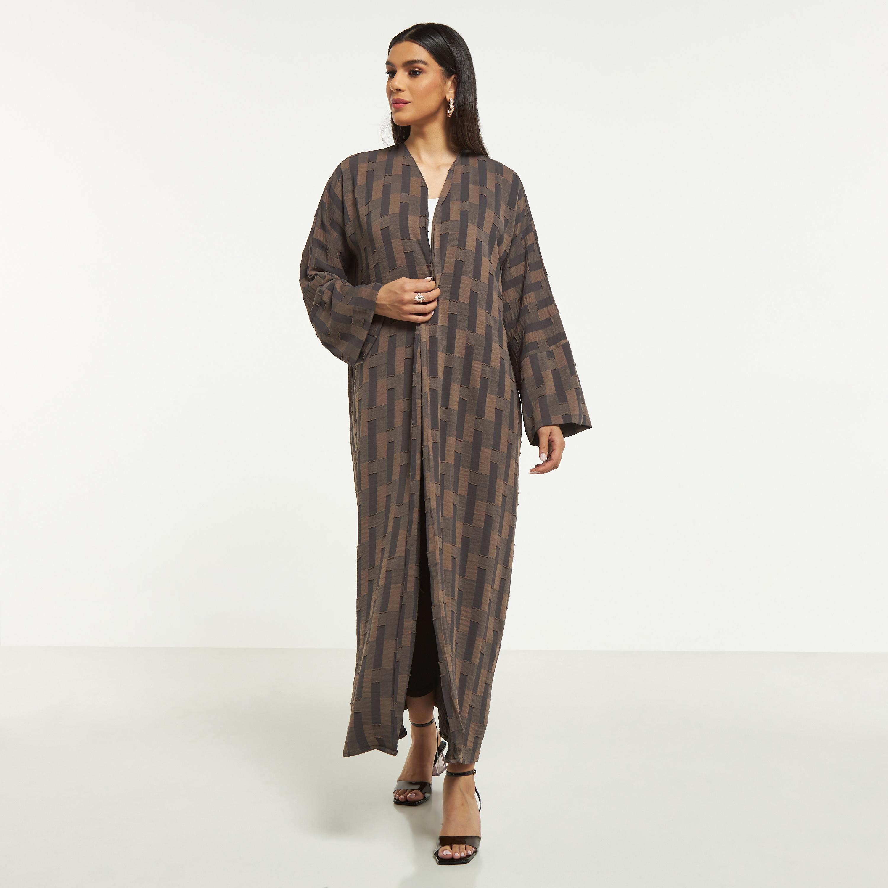 Hadiyath Al Madinah Textured Open Front Abaya-women-arabicclothing-abayas-image-1