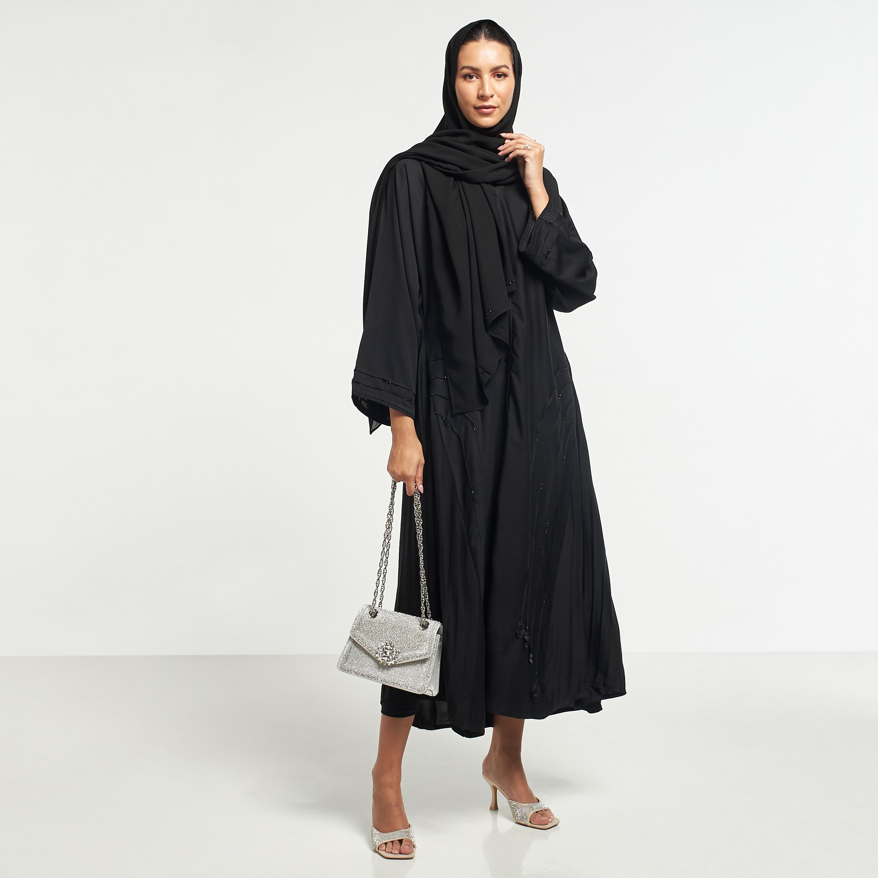 Hadiyath Al Madinah Bead Embellished Abaya with Pintuck Detail and Hijab-women-arabicclothing-abayas-image-1