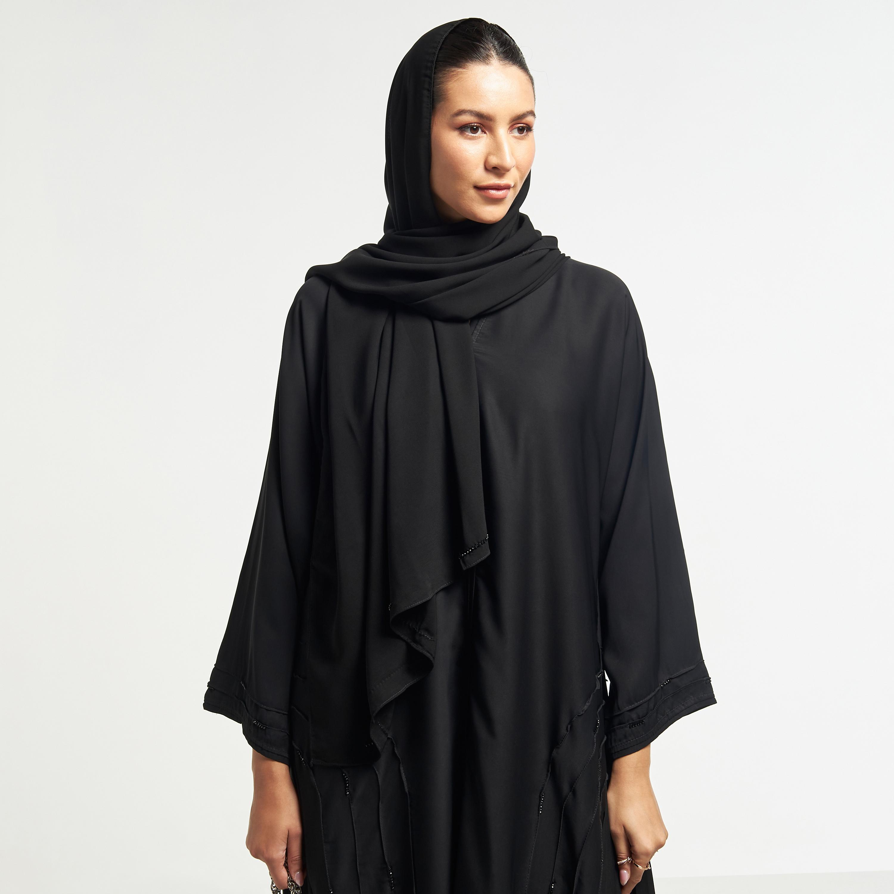 Hadiyath Al Madinah Bead Embellished Abaya with Pintuck Detail and Hijab-women-arabicclothing-abayas-image-2