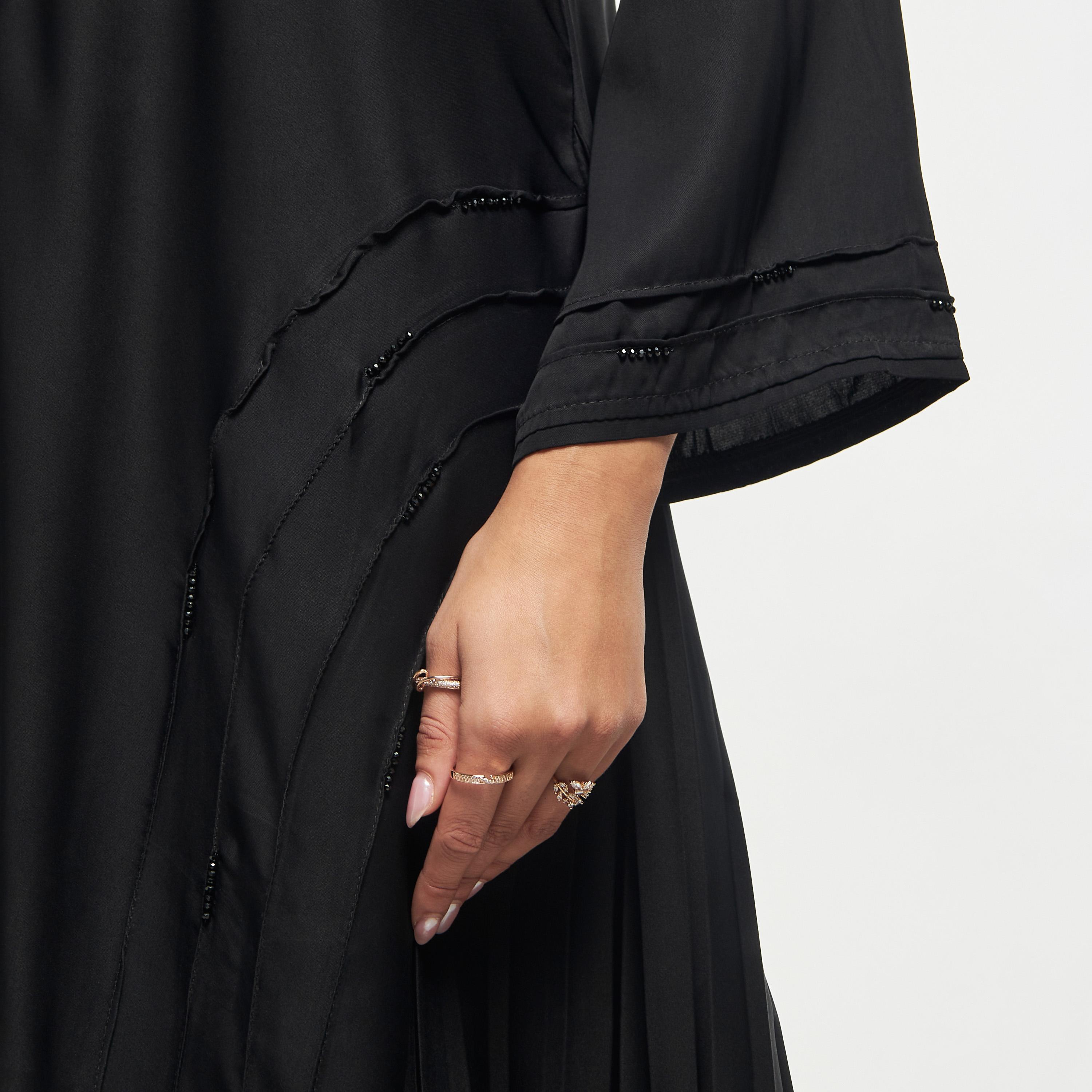 Hadiyath Al Madinah Bead Embellished Abaya with Pintuck Detail and Hijab-women-arabicclothing-abayas-image-3
