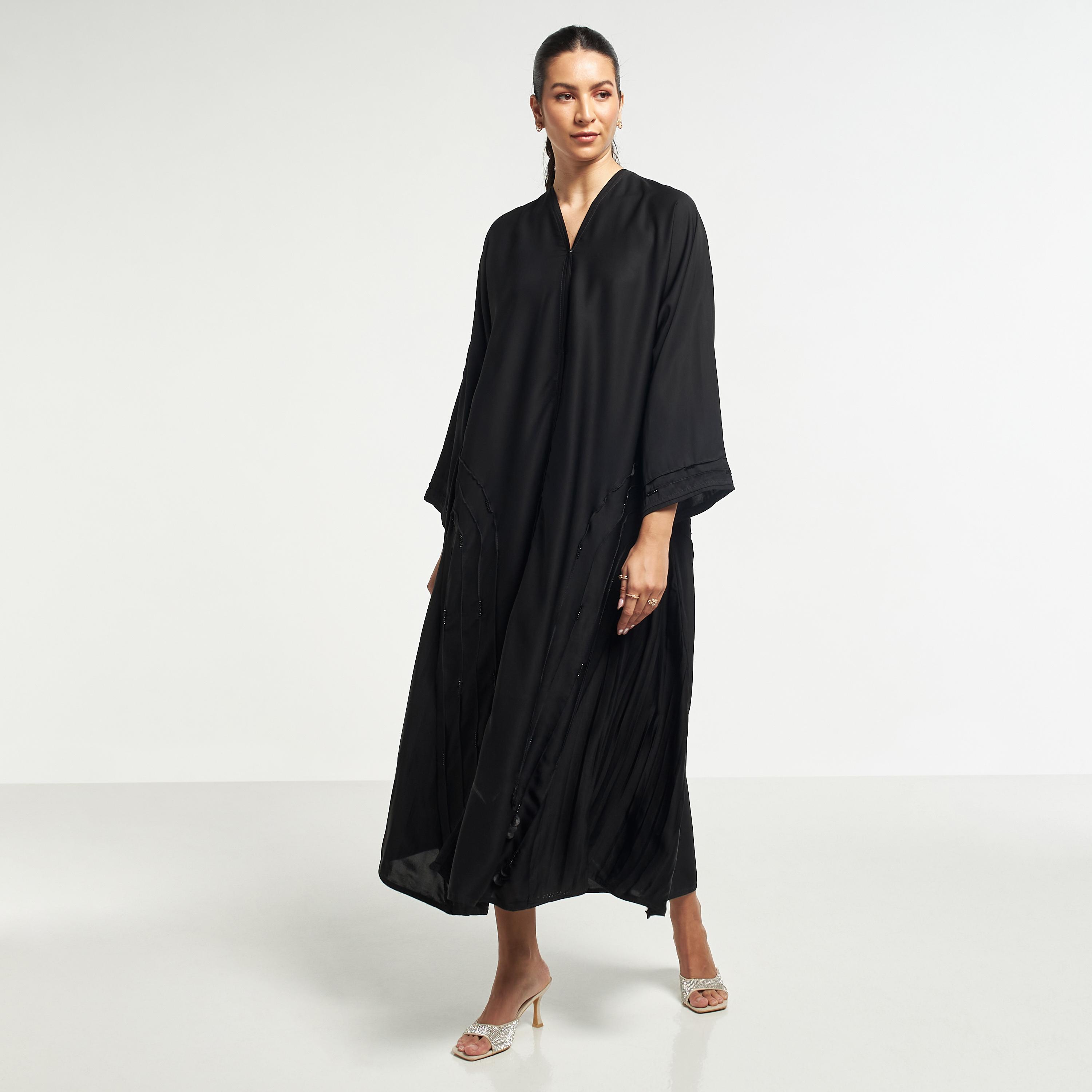 Hadiyath Al Madinah Bead Embellished Abaya with Pintuck Detail and Hijab-women-arabicclothing-abayas-image-4