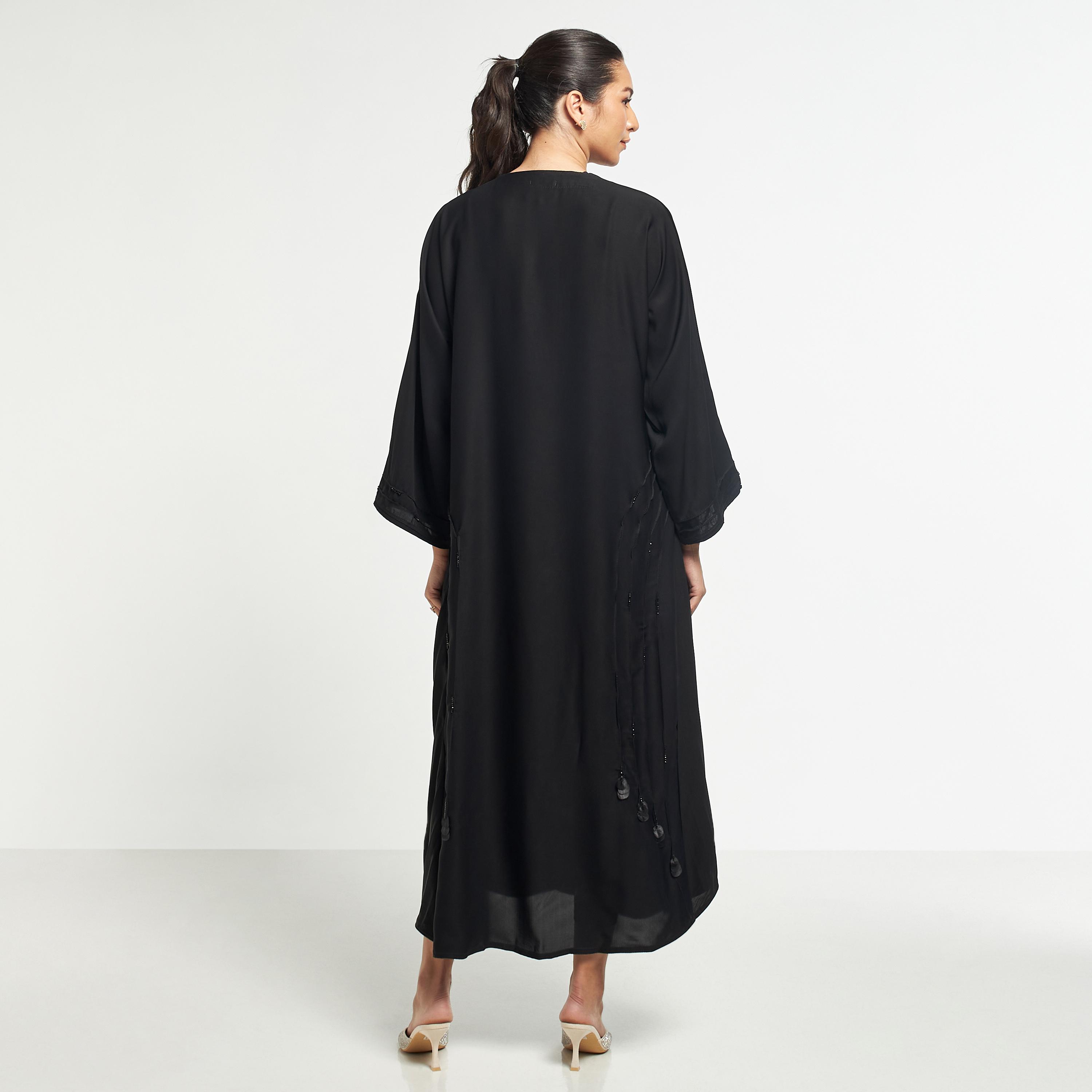 Hadiyath Al Madinah Bead Embellished Abaya with Pintuck Detail and Hijab-women-arabicclothing-abayas-image-5