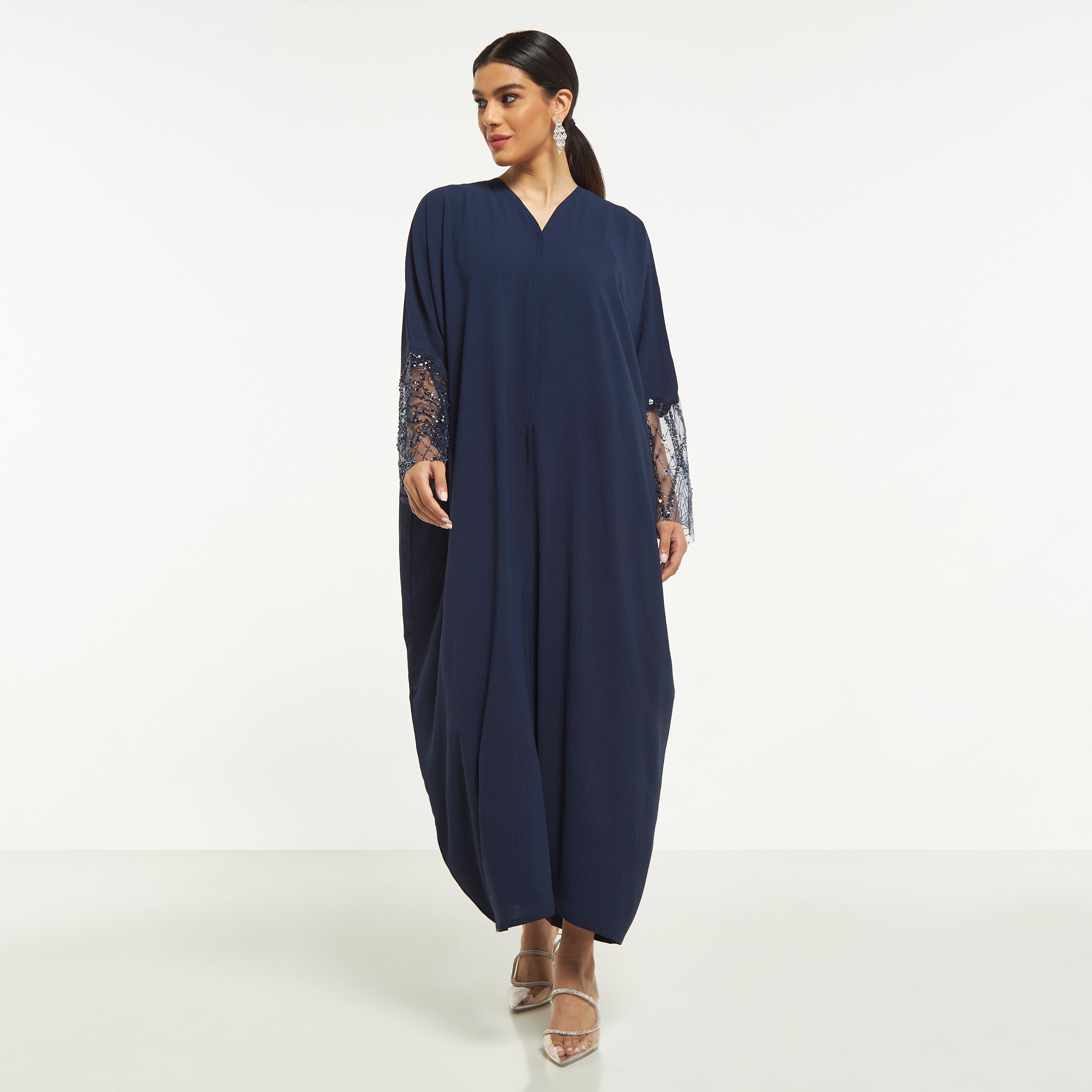 Hadiyath Al Madinah Embellished Mesh Panel Abaya with Hijab-women-arabicclothing-abayas-image-1