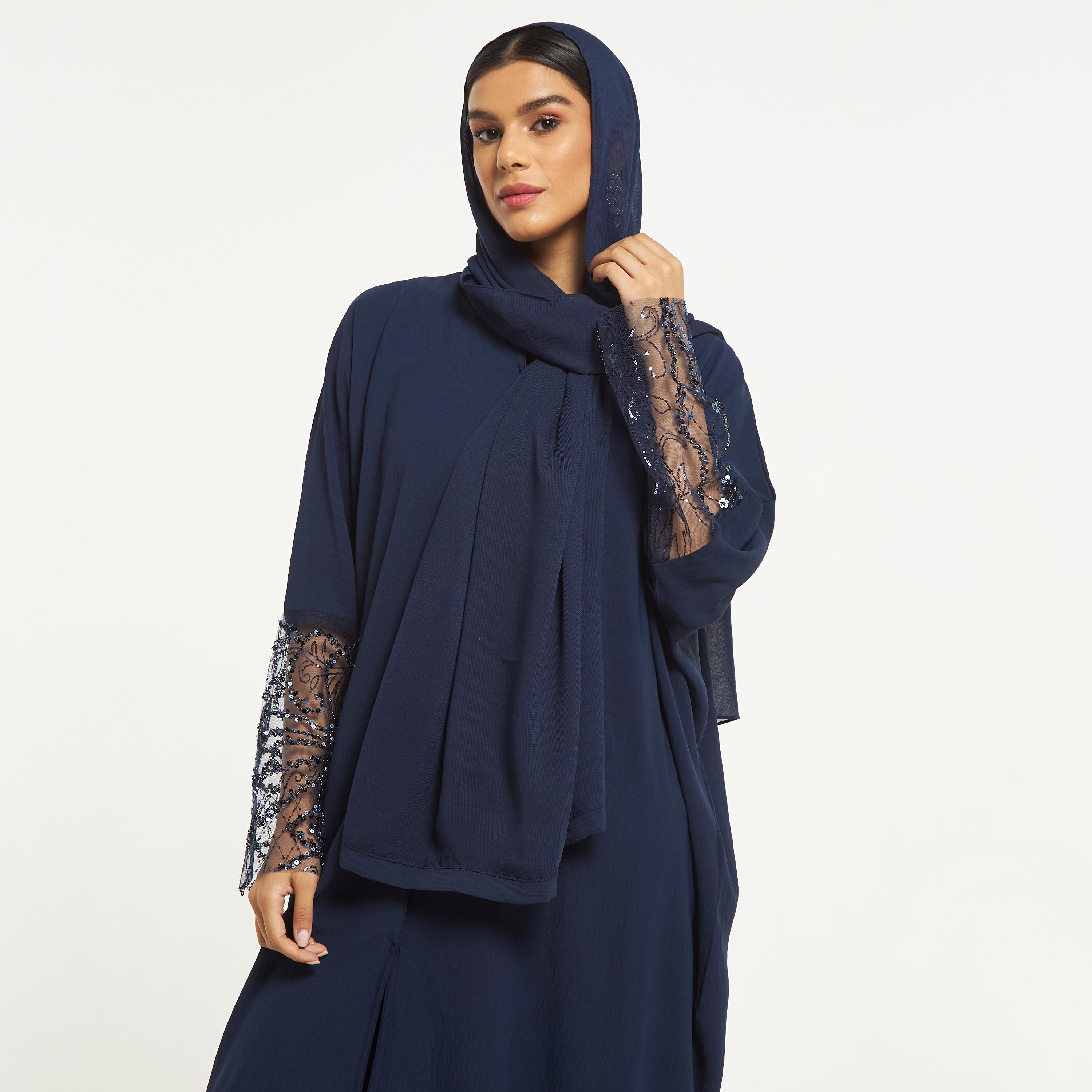 Hadiyath Al Madinah Embellished Mesh Panel Abaya with Hijab-women-arabicclothing-abayas-image-2