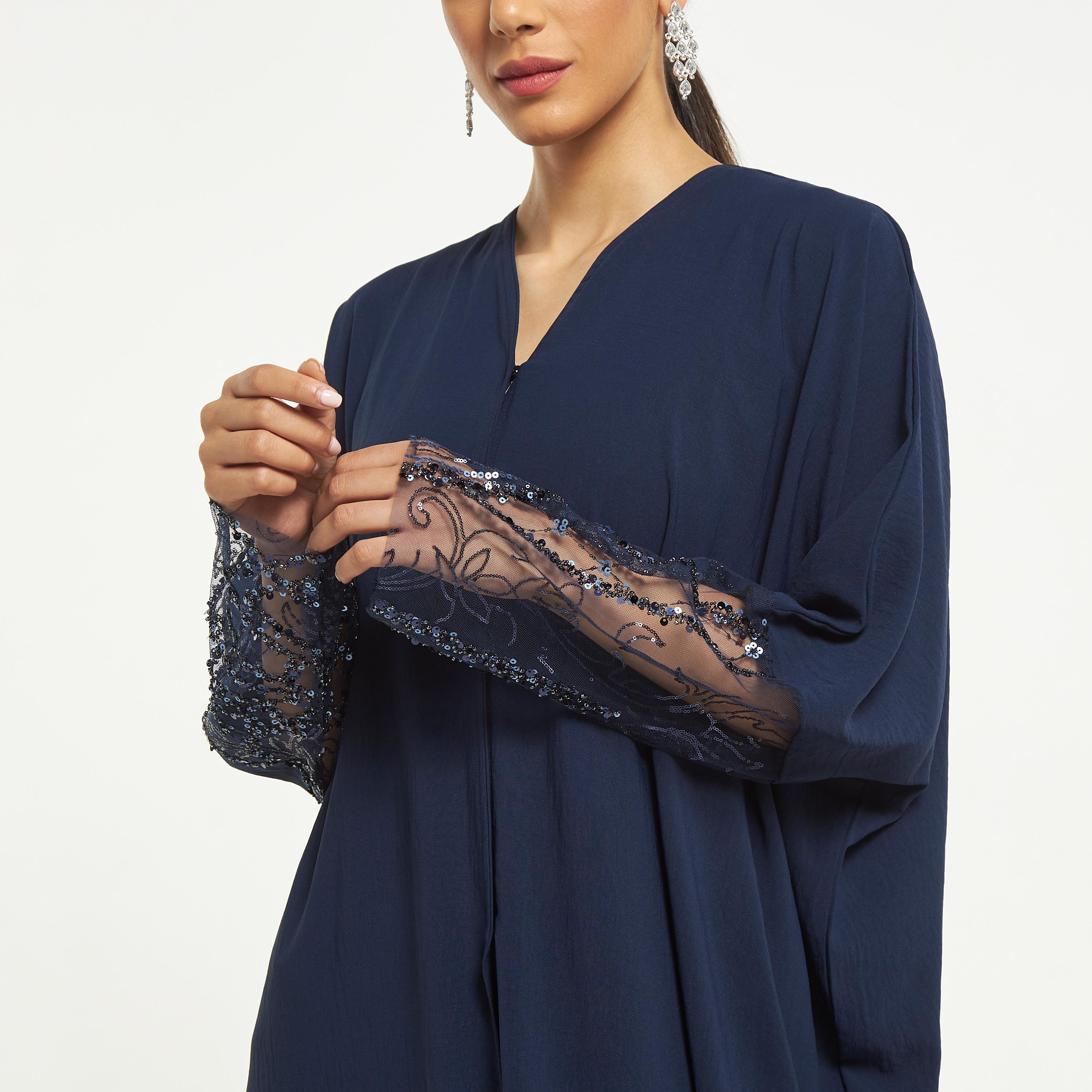 Hadiyath Al Madinah Embellished Mesh Panel Abaya with Hijab-women-arabicclothing-abayas-image-3