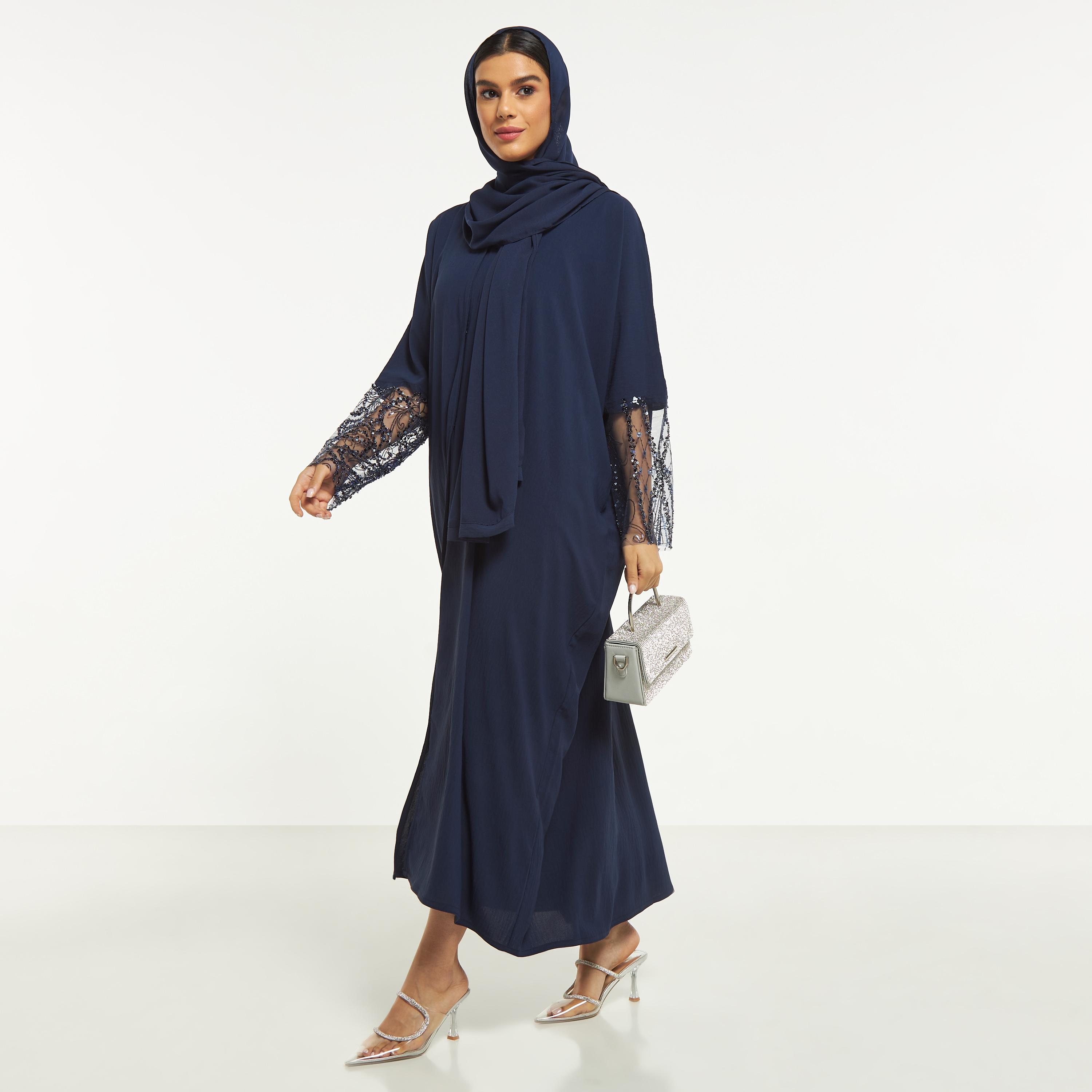 Hadiyath Al Madinah Embellished Mesh Panel Abaya with Hijab-women-arabicclothing-abayas-image-4