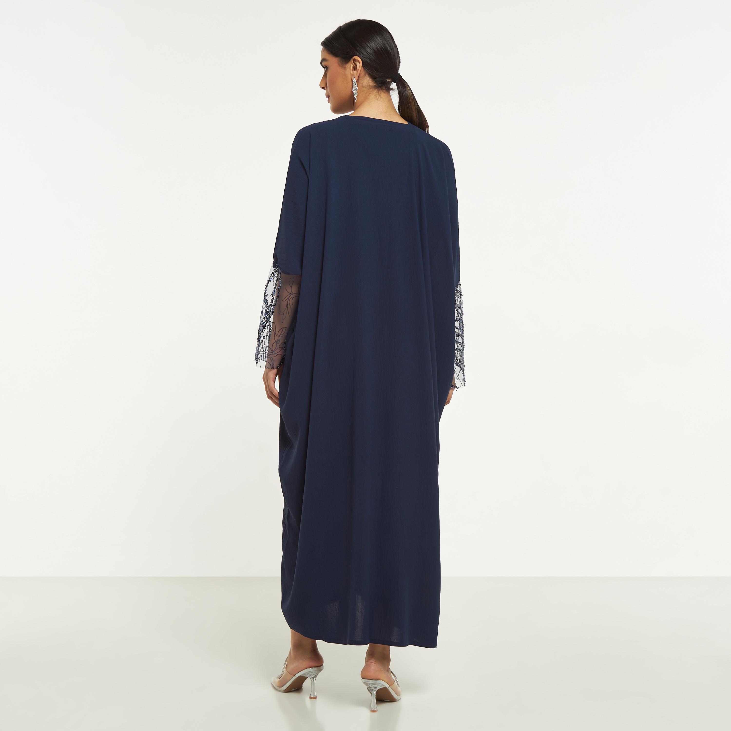 Hadiyath Al Madinah Embellished Mesh Panel Abaya with Hijab-women-arabicclothing-abayas-image-5