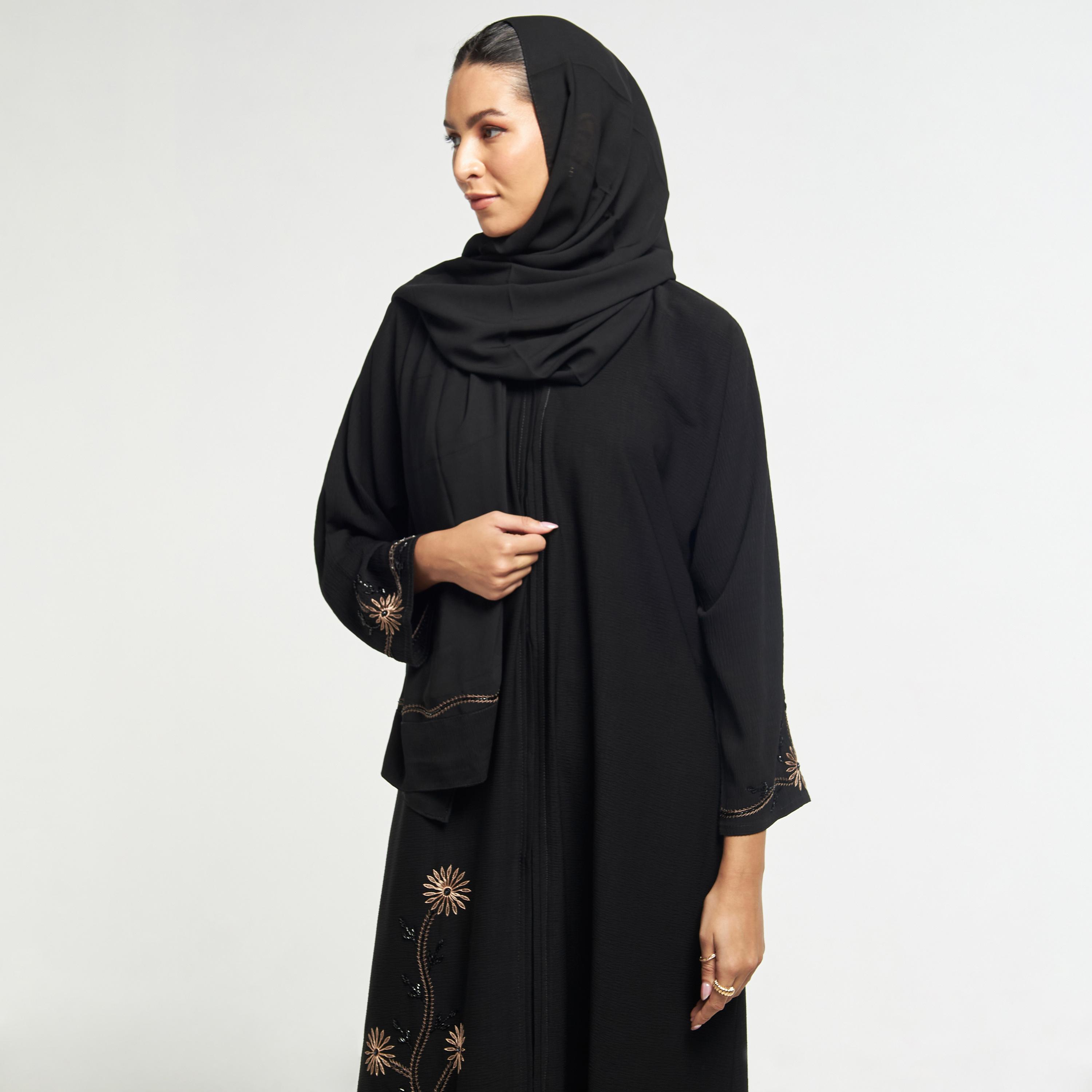 Hadiyath Al Madinah Embroidered Abaya with Hijab-women-arabicclothing-abayas-image-2