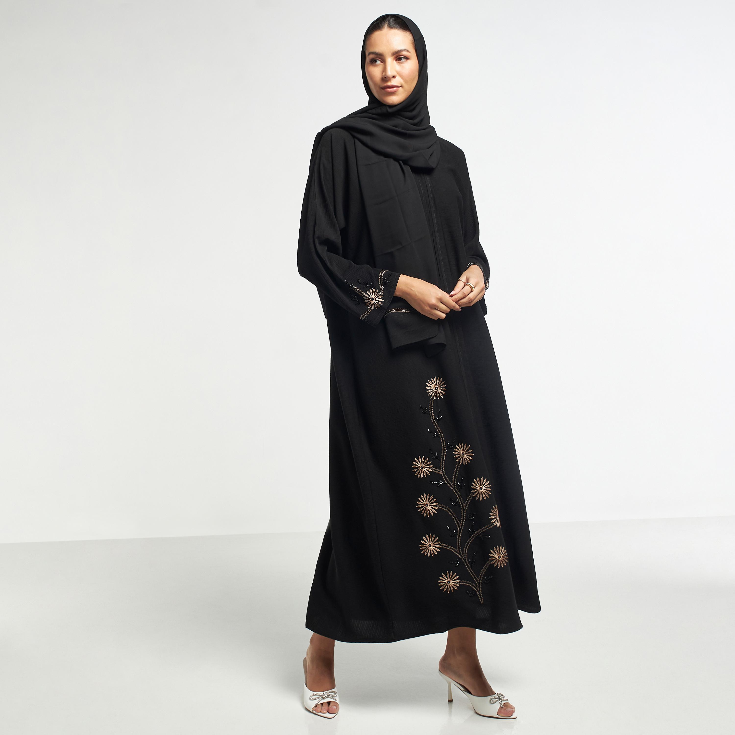 Hadiyath Al Madinah Embroidered Abaya with Hijab-women-arabicclothing-abayas-image-4