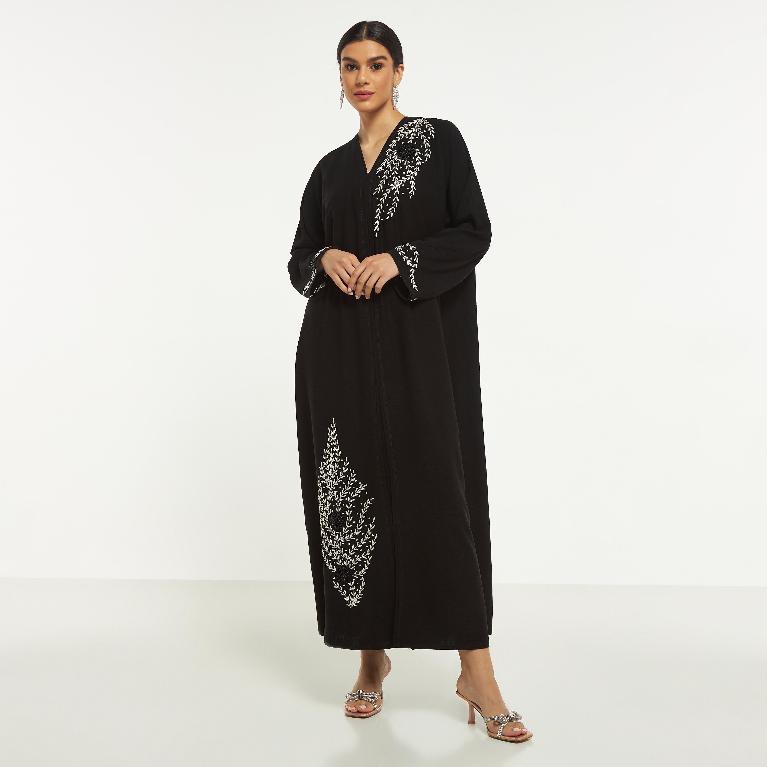 Hadiyath Al Madinah Embellished Abaya with Hijab-women-arabicclothing-abayas-image-1