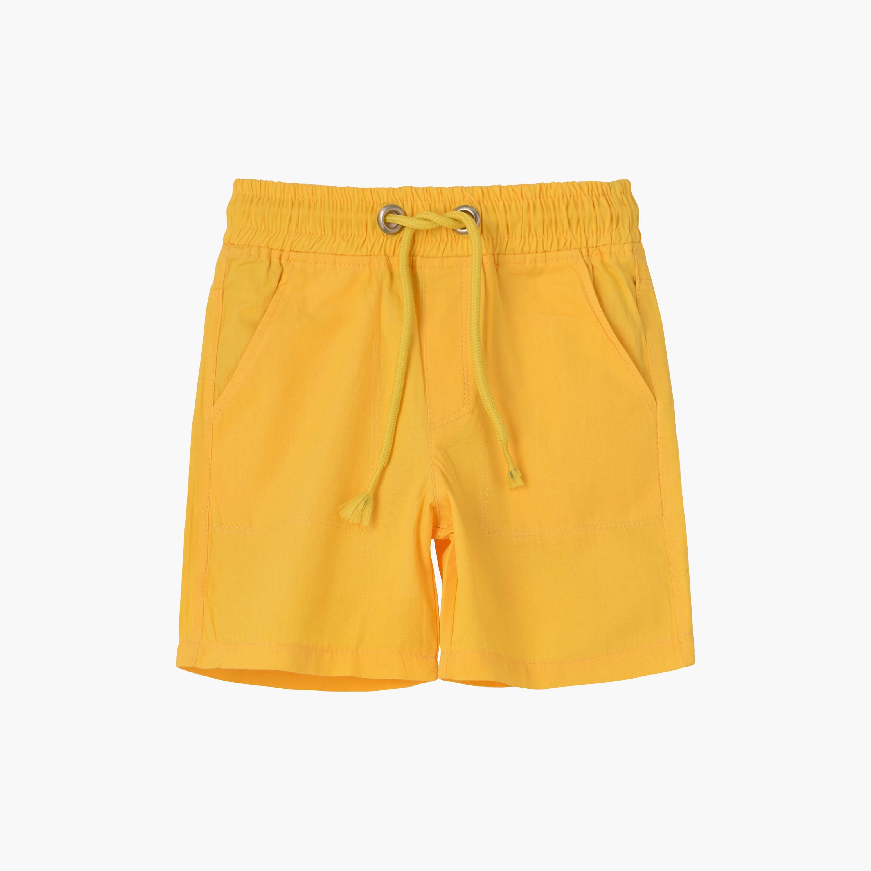 شورت قطن ووفن سادة بخصر مطاطي ورباط سحب من يونيك كيدز-boys-clothing-bottoms-shorts-image-1