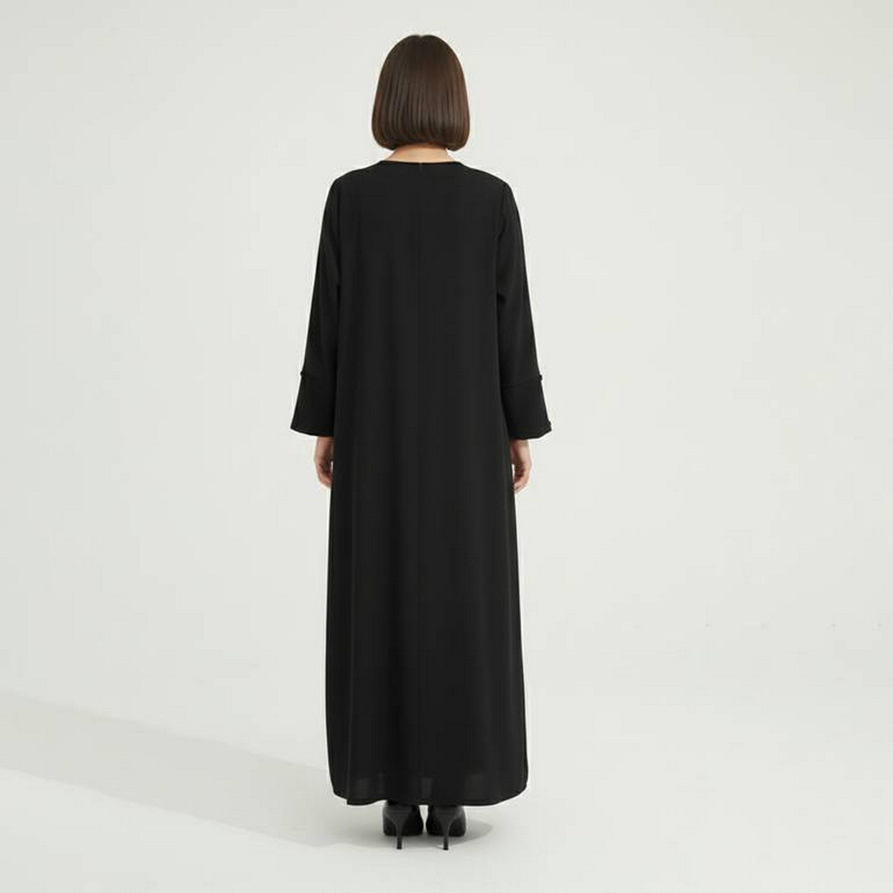 عباءة كتان بأشرطة مطرزة مع طرحة للبنات من حوراء - أسود-girls-arabicclothing-abayas-image-5
