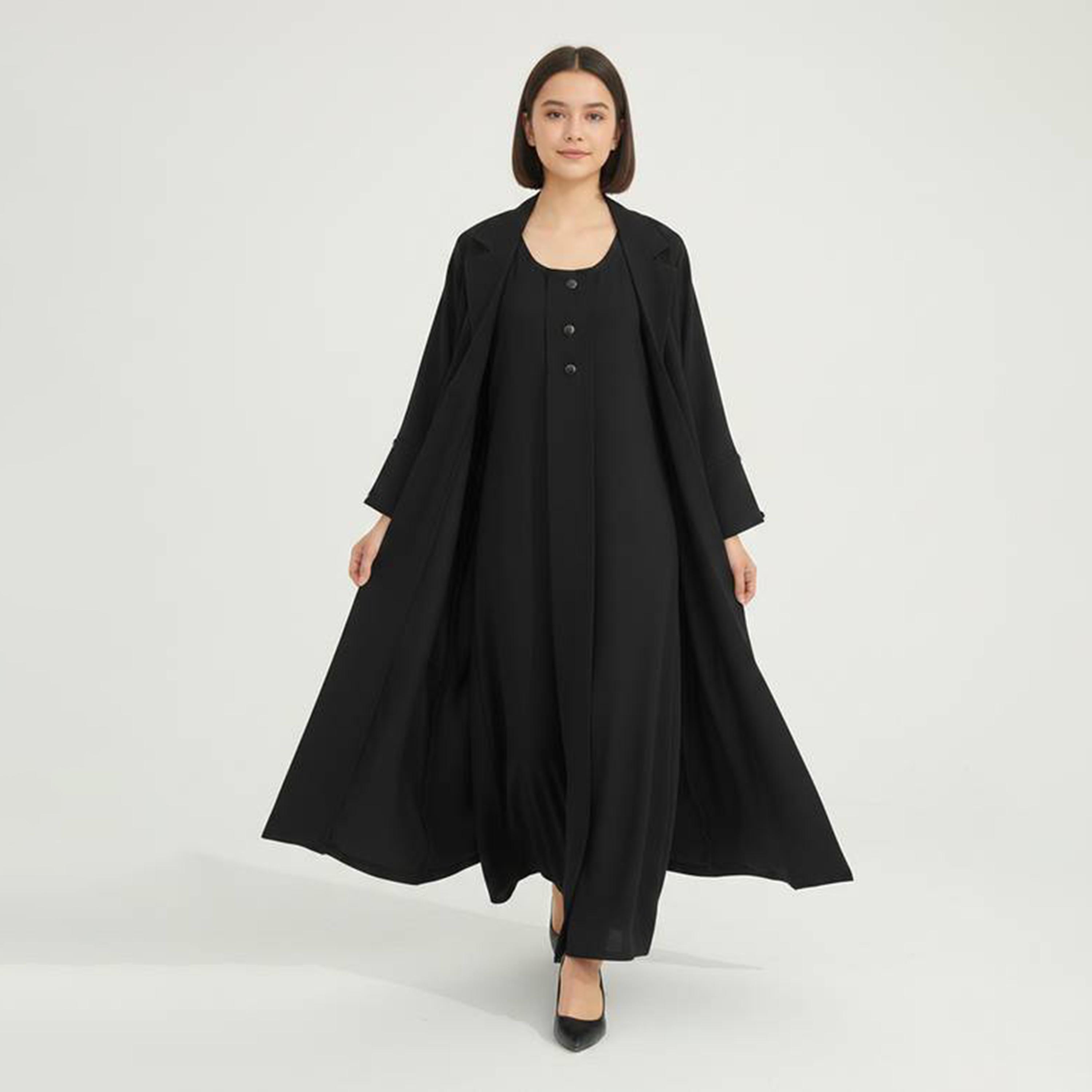 عباءة كتان قصة جاكيت مع طرحة وفستان متصل للبنات من حوراء - أسود-girls-arabicclothing-abayas-image-1