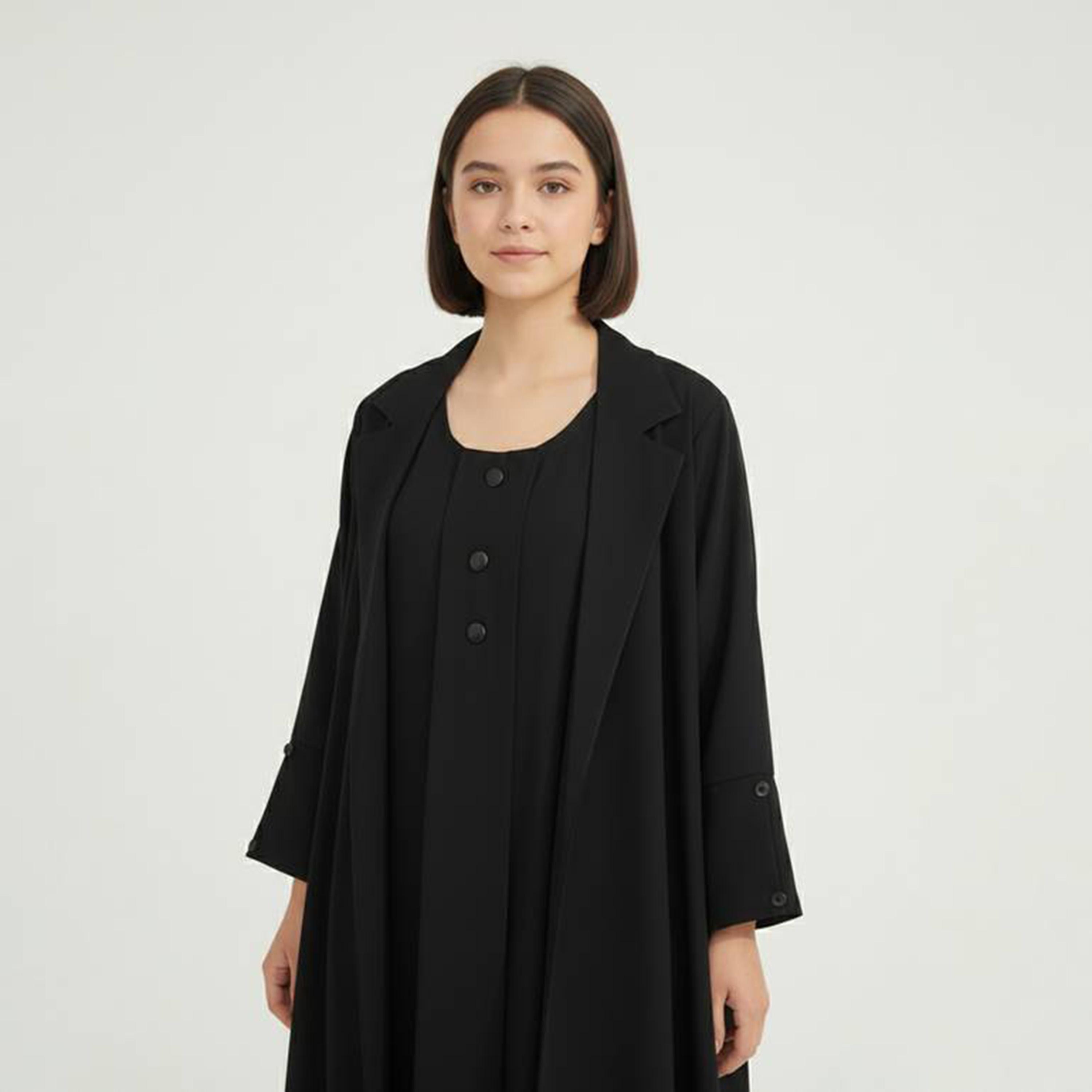 عباءة كتان قصة جاكيت مع طرحة وفستان متصل للبنات من حوراء - أسود-girls-arabicclothing-abayas-image-2
