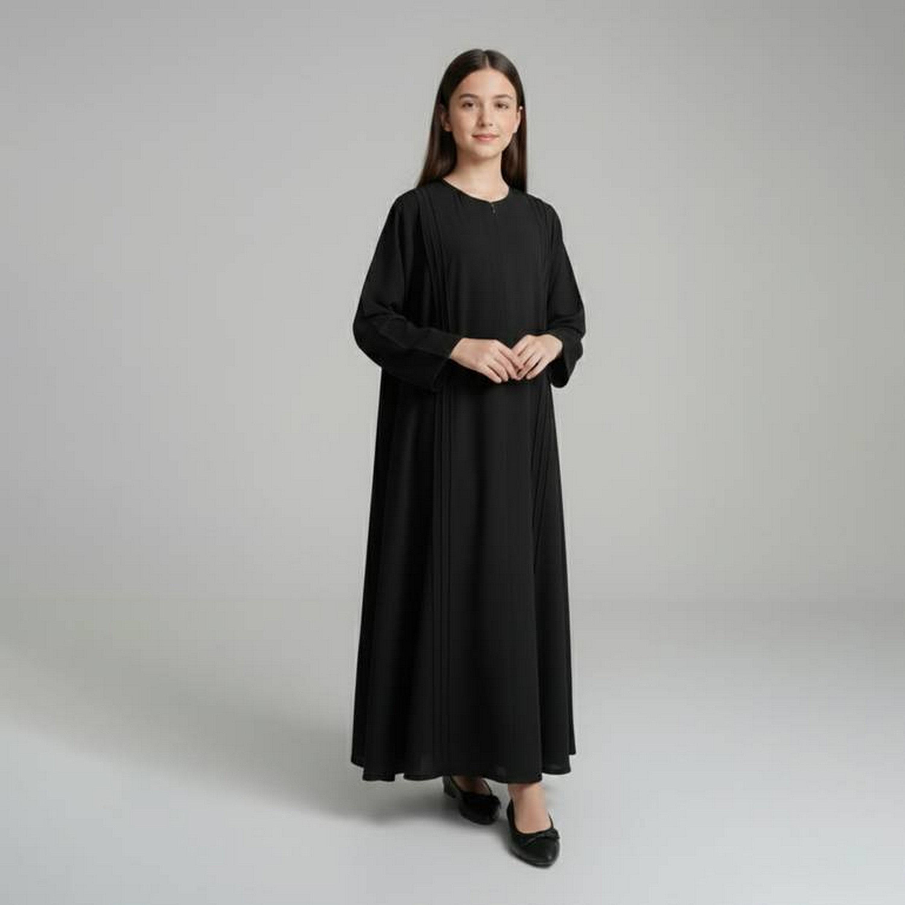 عباءة ربع كلوش كتان بتفاصيل مكسرة مع طرحة للبنات من حوراء - أسود-girls-arabicclothing-abayas-image-1