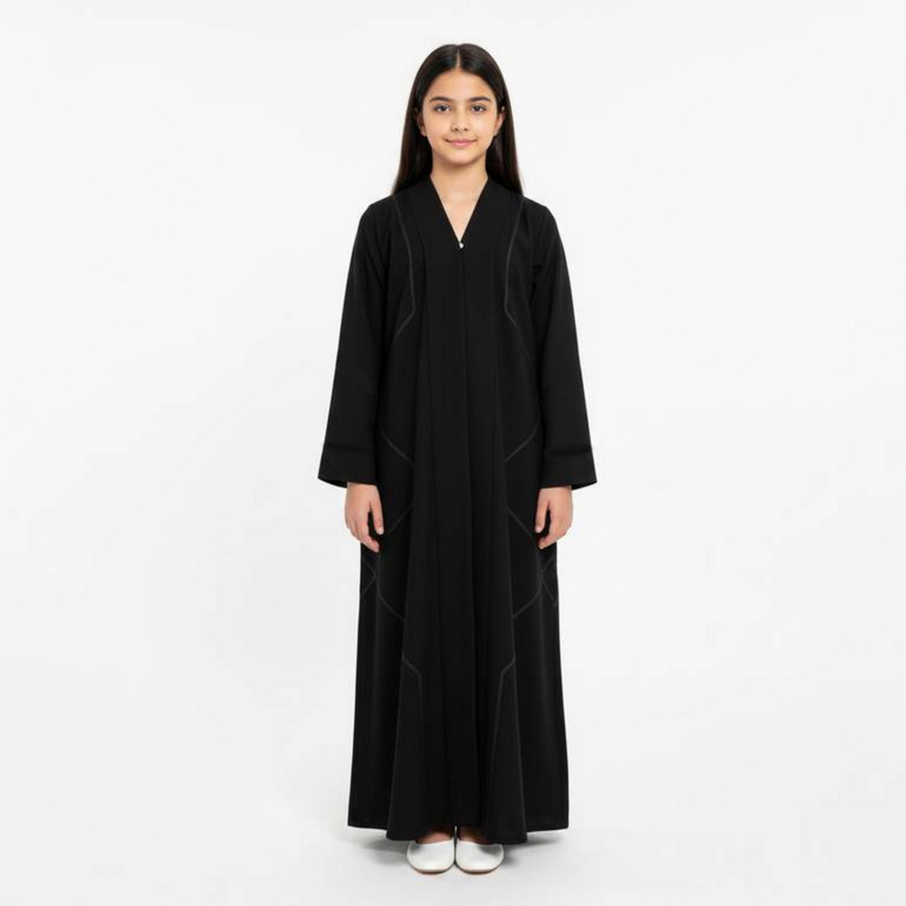 Hawraa Black Decorative Embroidered Linen Girls Abaya with Hijab-girls-arabicclothing-abayas-image-1