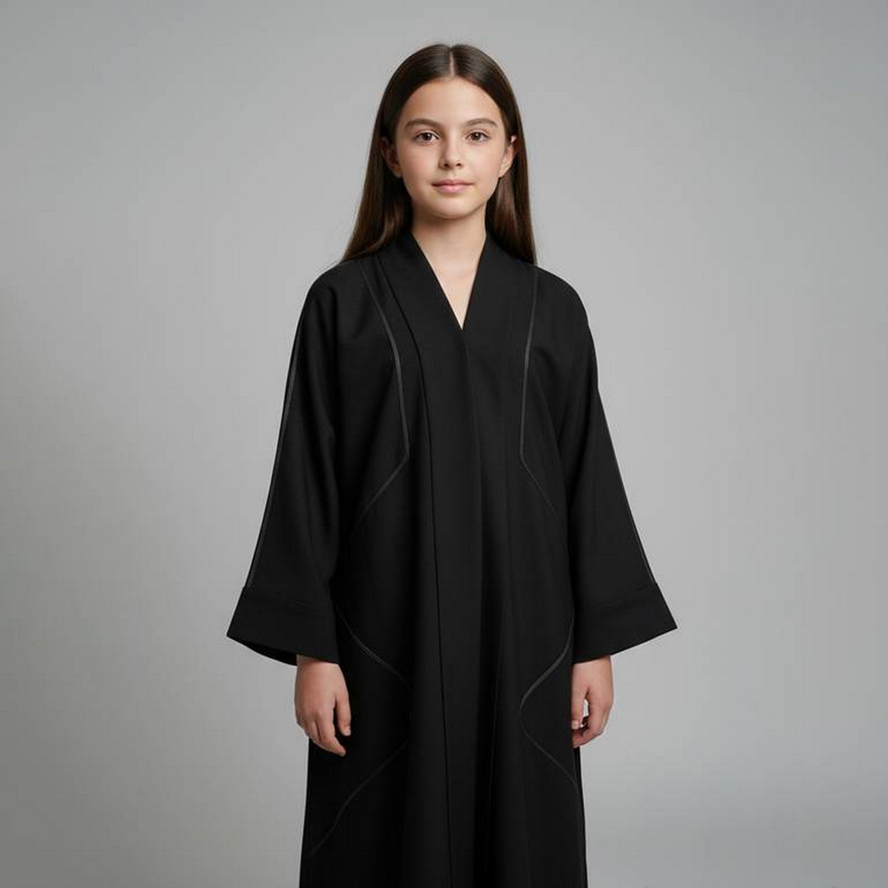 Hawraa Black Decorative Embroidered Linen Girls Abaya with Hijab-girls-arabicclothing-abayas-image-2