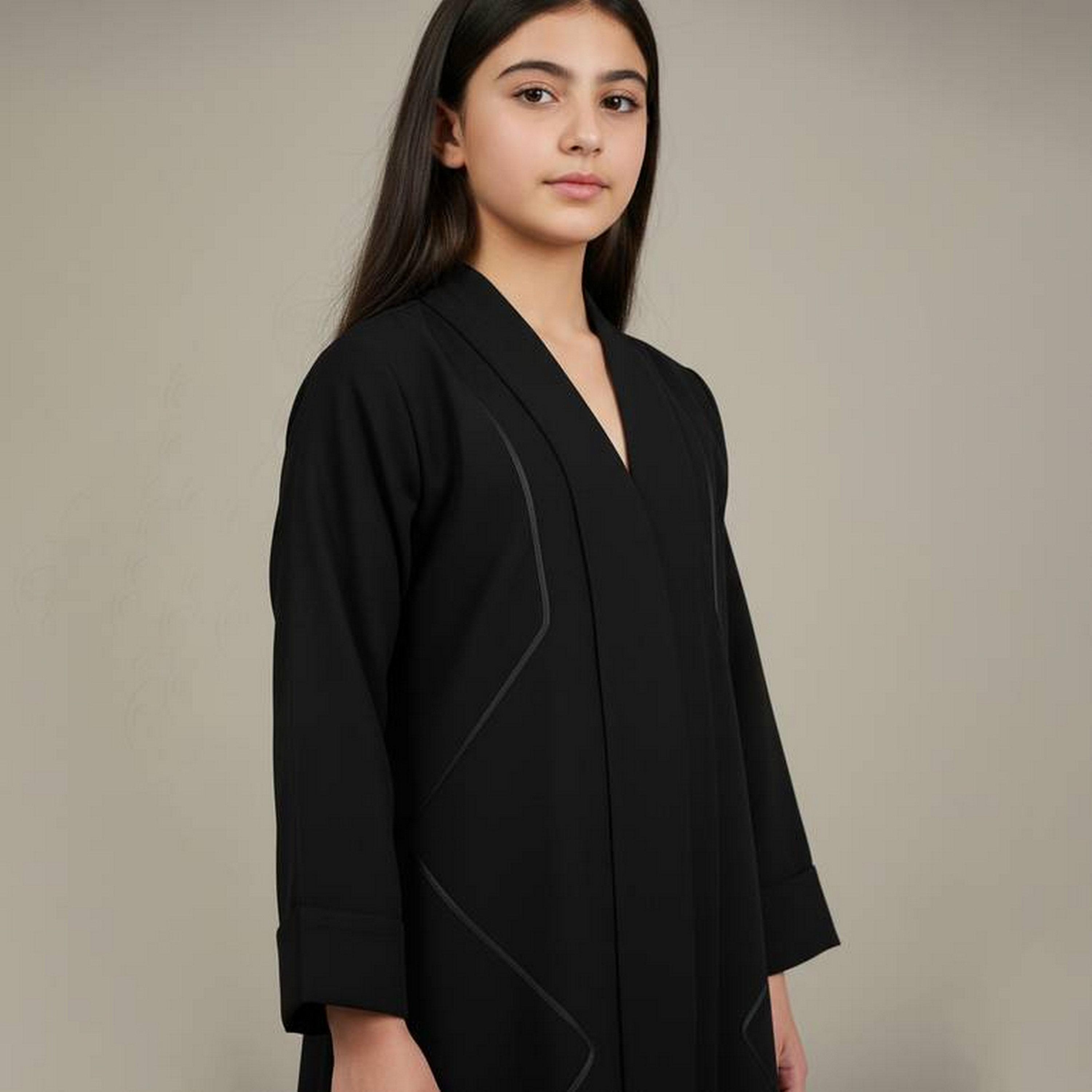 Hawraa Black Decorative Embroidered Linen Girls Abaya with Hijab-girls-arabicclothing-abayas-image-3