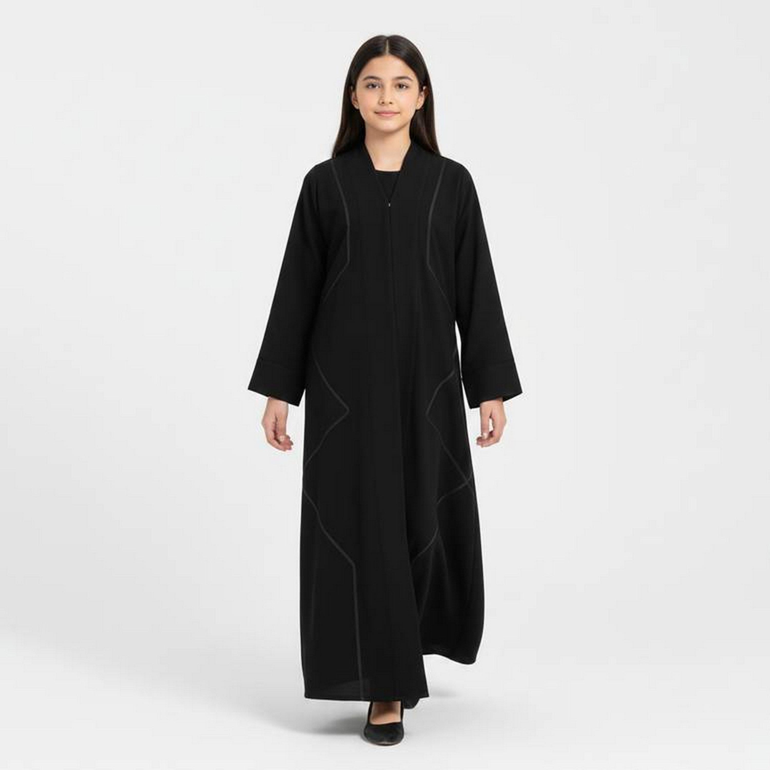 Hawraa Black Decorative Embroidered Linen Girls Abaya with Hijab-girls-arabicclothing-abayas-image-4