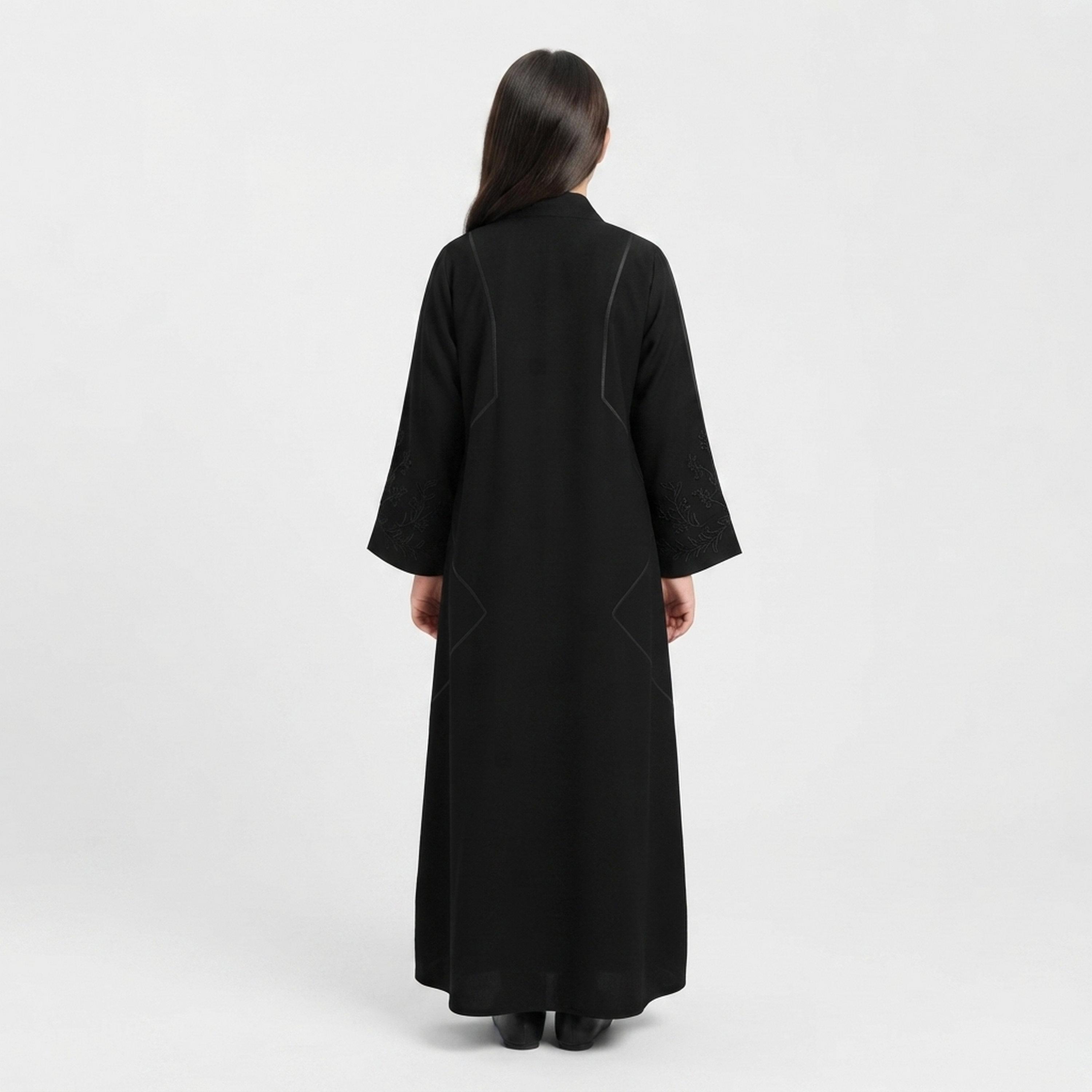 Hawraa Black Decorative Embroidered Linen Girls Abaya with Hijab-girls-arabicclothing-abayas-image-5
