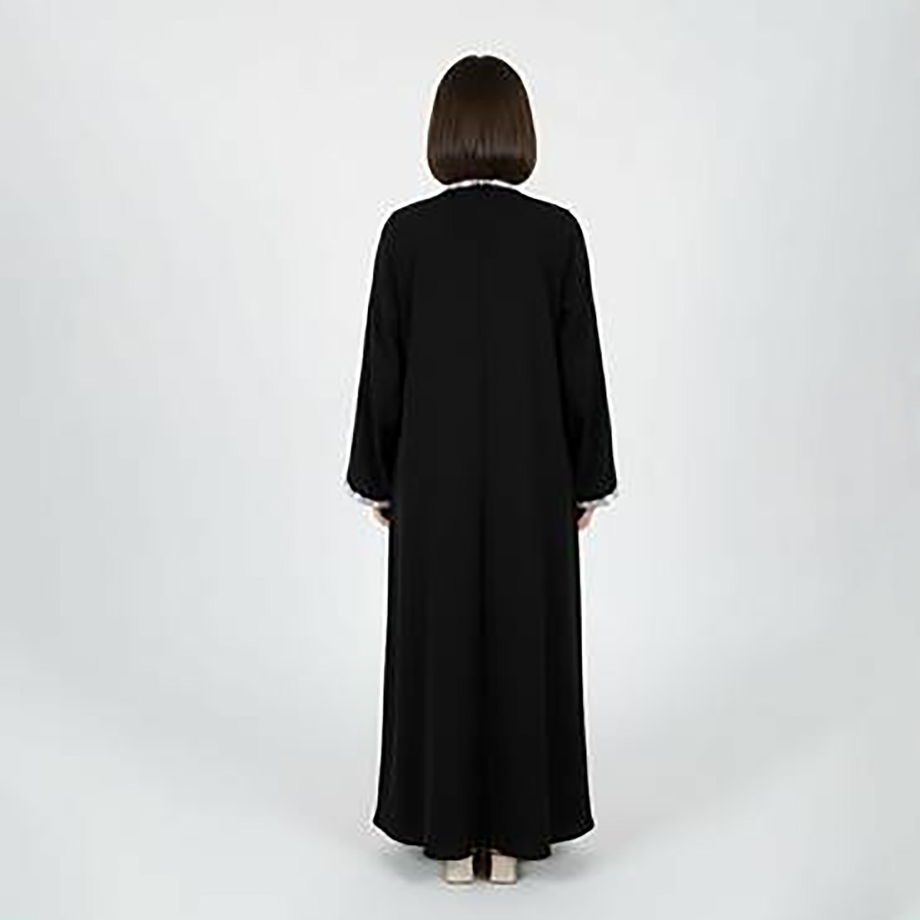 عباية حوراء سوداء من الكتان بأكمام واسعة وتفاصيل من الدانتيل المطرز بالزهور للبنات-girls-arabicclothing-abayas-image-4
