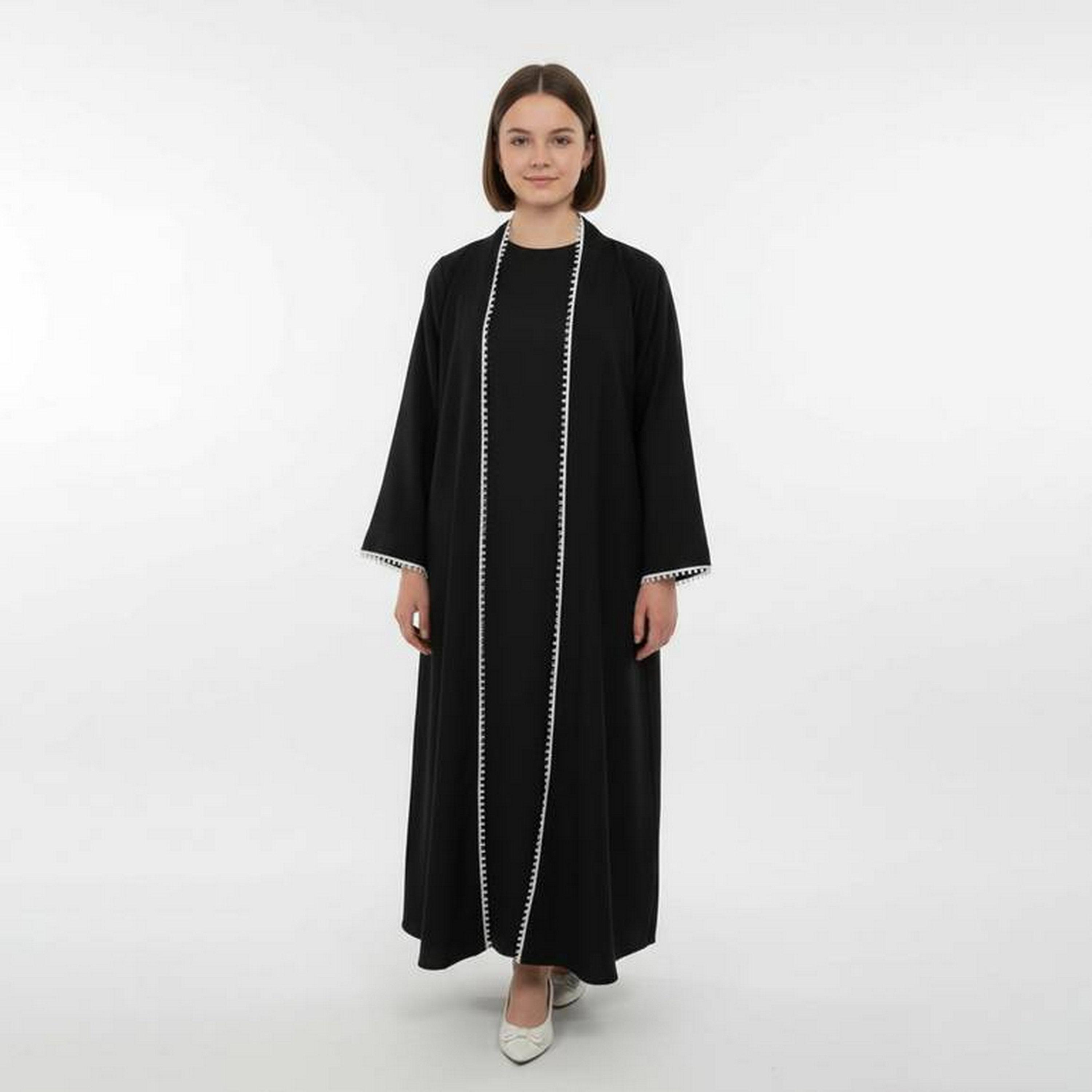 Hawraa Black Embroidered Trim Linen Girls Abaya with Hijab-girls-arabicclothing-abayas-image-1