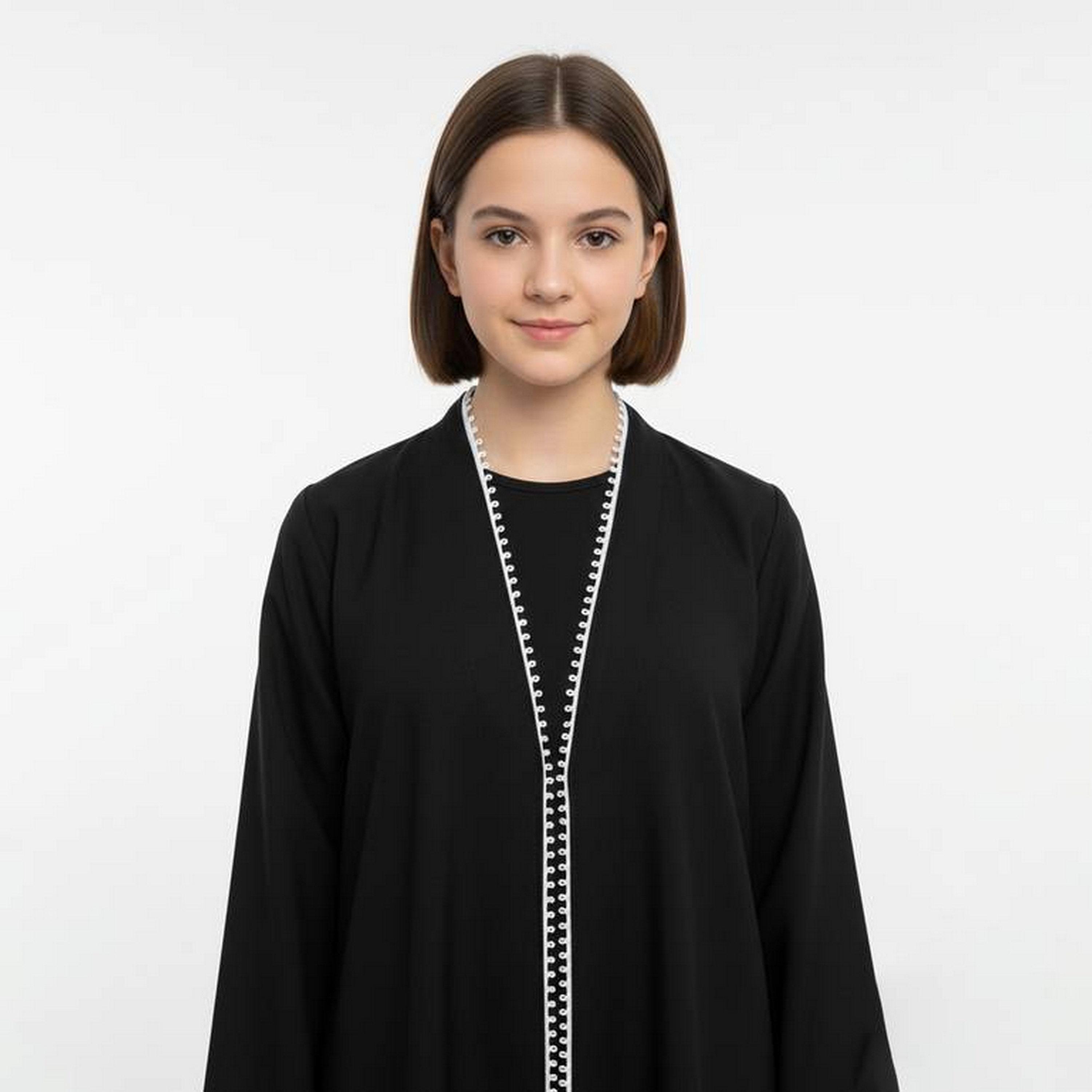 Hawraa Black Embroidered Trim Linen Girls Abaya with Hijab-girls-arabicclothing-abayas-image-2