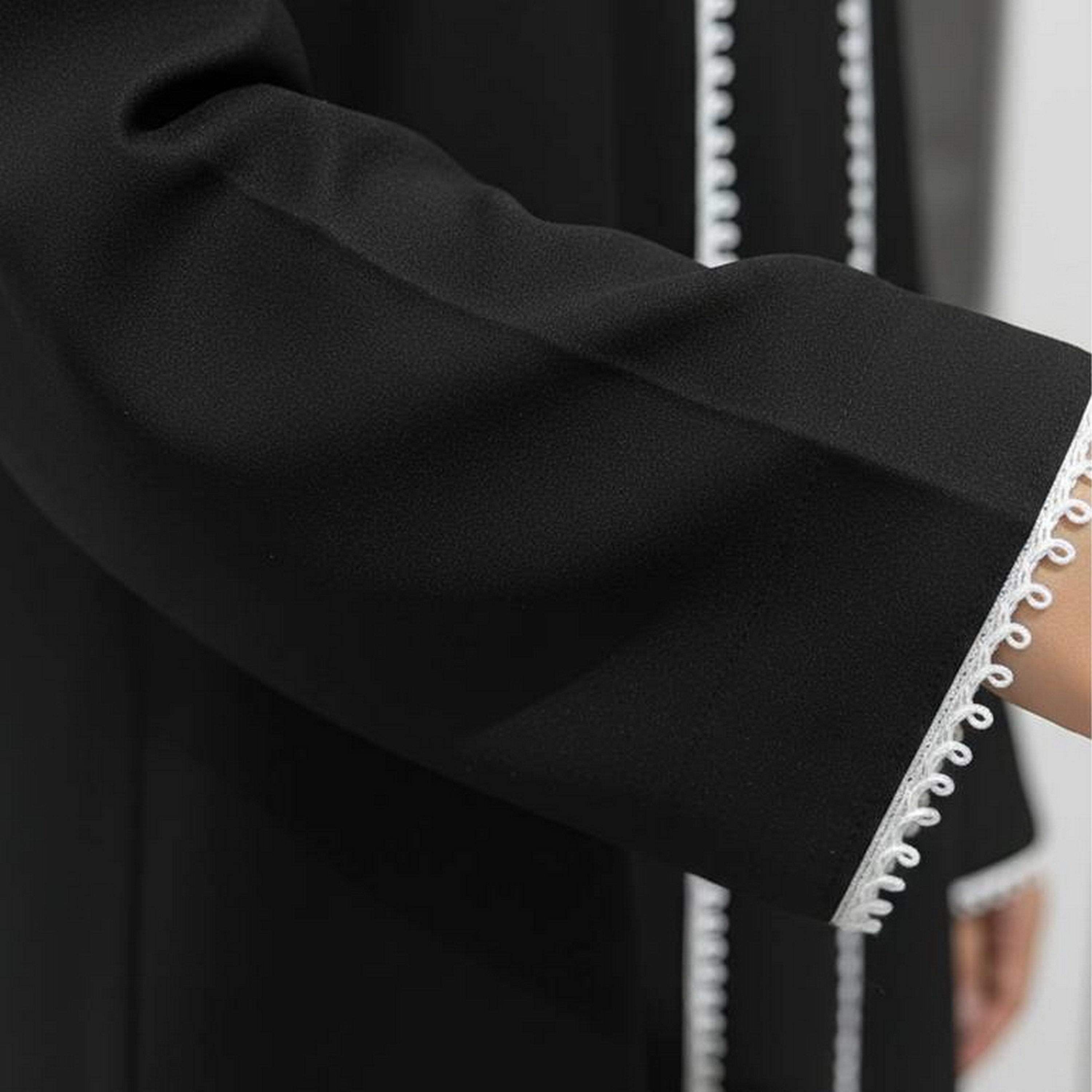Hawraa Black Embroidered Trim Linen Girls Abaya with Hijab-girls-arabicclothing-abayas-image-3