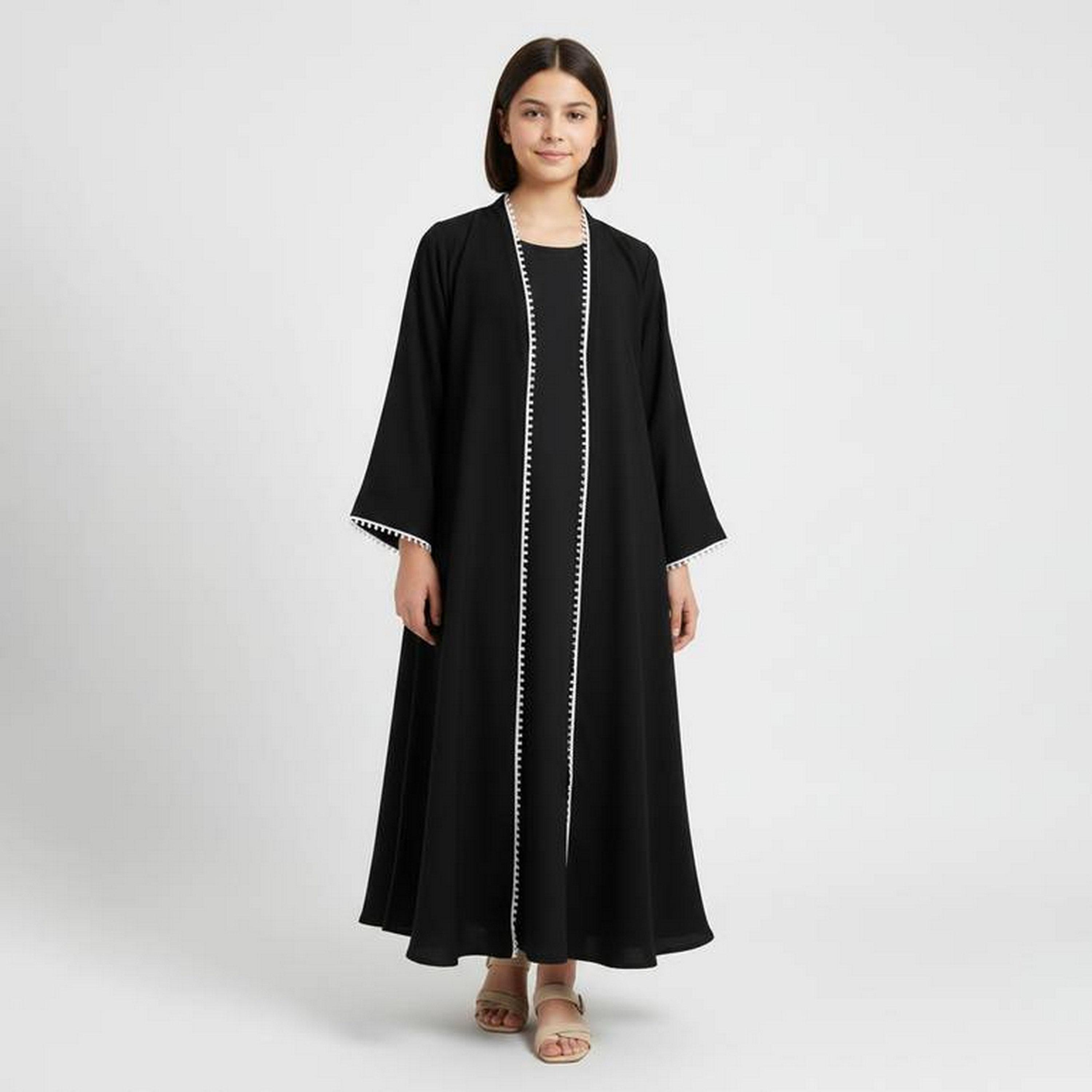 Hawraa Black Embroidered Trim Linen Girls Abaya with Hijab-girls-arabicclothing-abayas-image-4