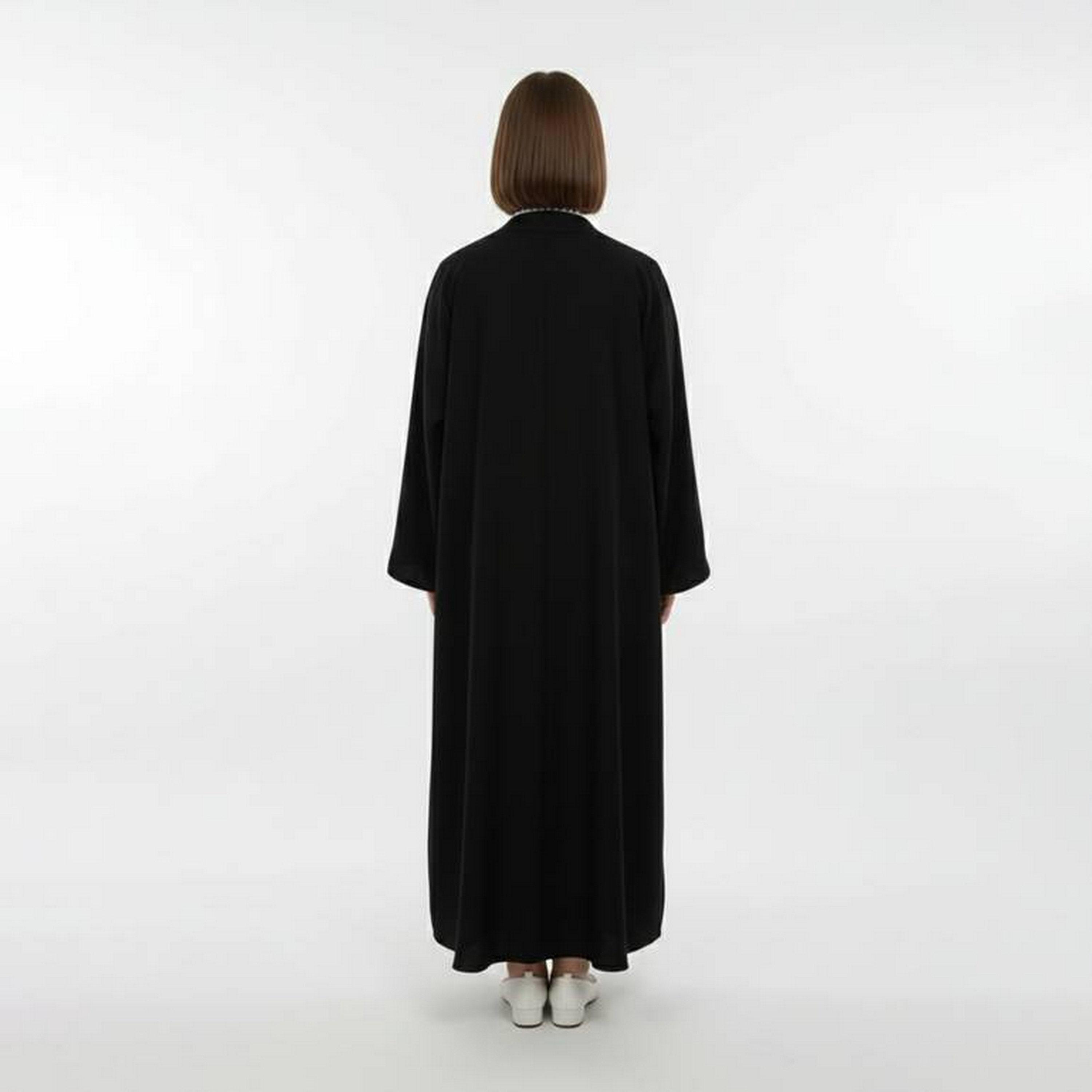 Hawraa Black Embroidered Trim Linen Girls Abaya with Hijab-girls-arabicclothing-abayas-image-5