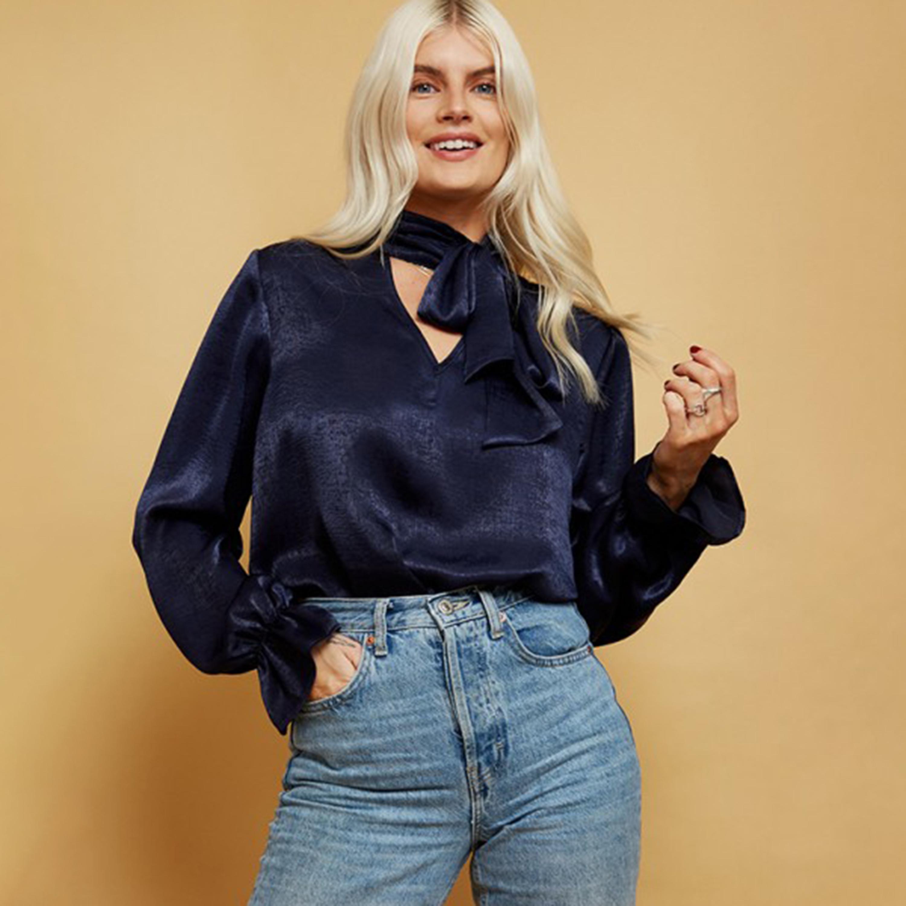 Little Mistress Navy Blue Textured V-Neck Long Sleeves Women's Top-women-clothing-shirtsandblouses-blouses-image-1
