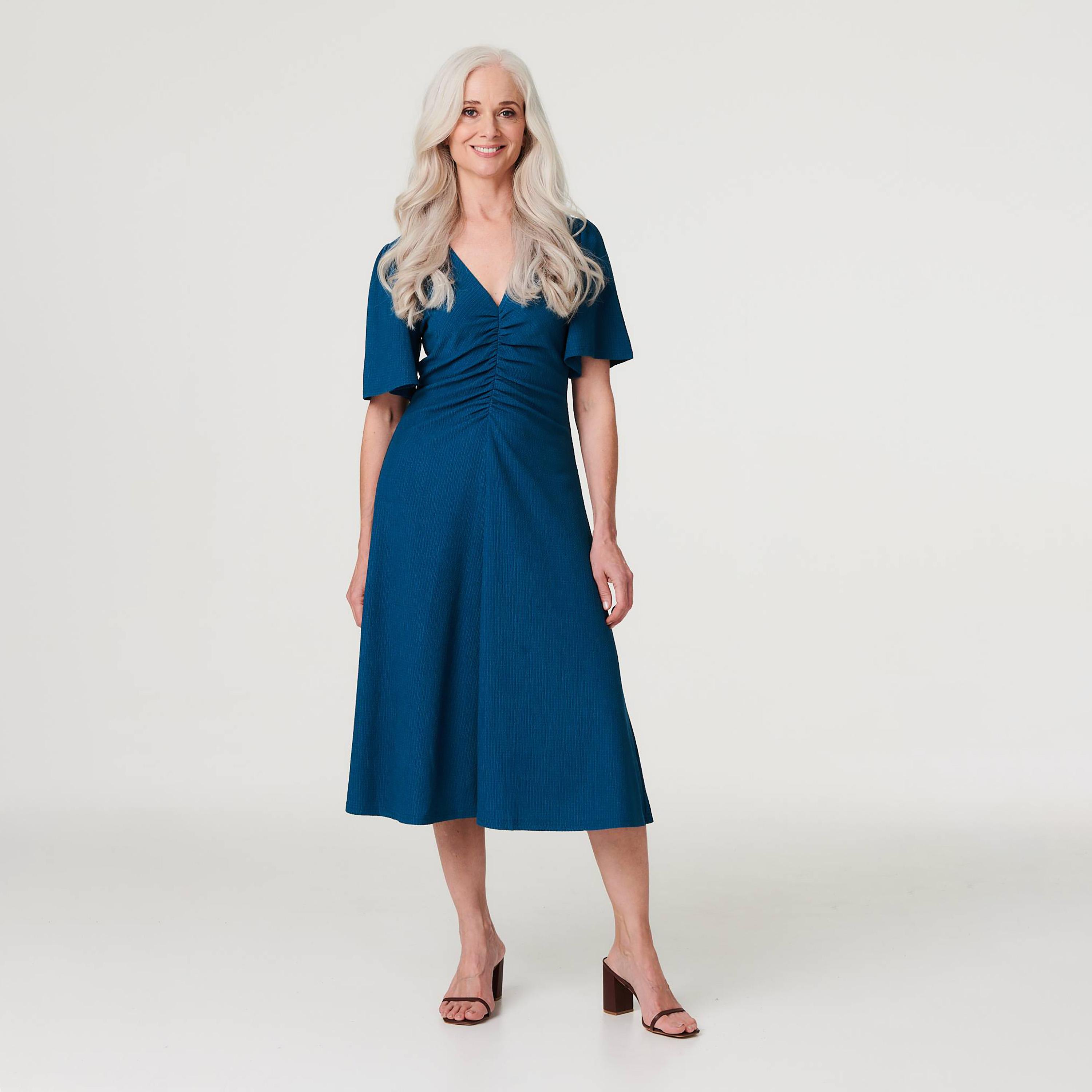 Izabel London Blue Textured Flutter Sleeves Women's Midi Dress-women-clothing-dresses-image-1