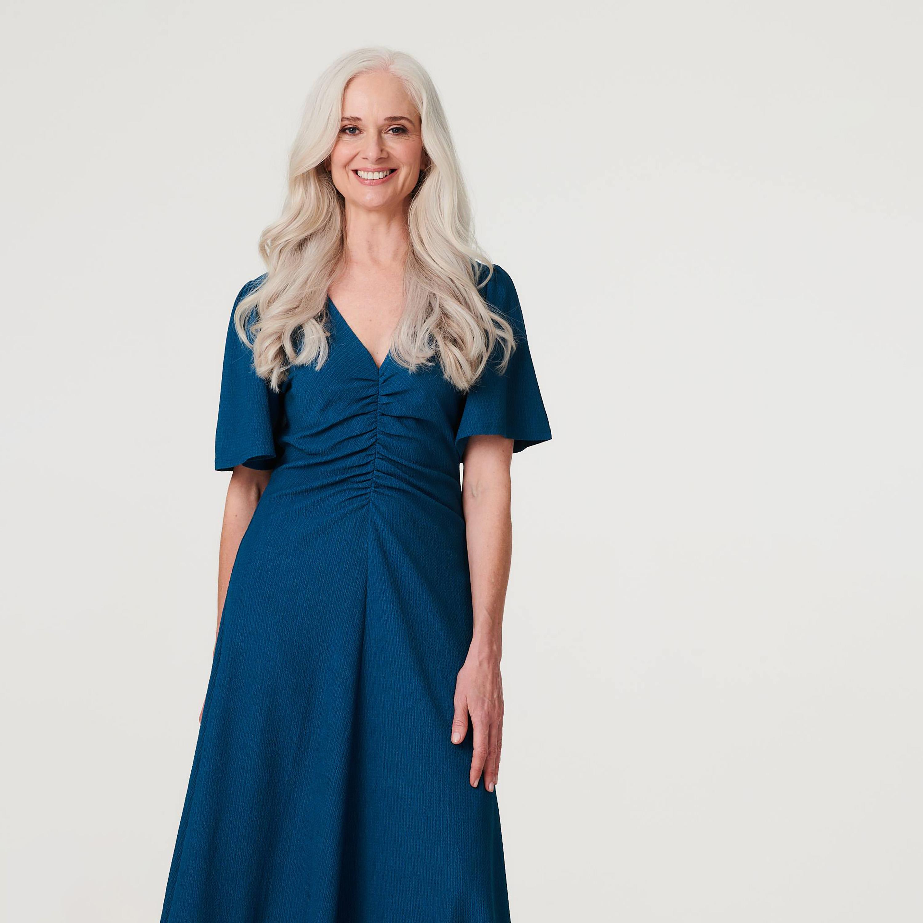 Izabel London Blue Textured Flutter Sleeves Women's Midi Dress-women-clothing-dresses-image-2