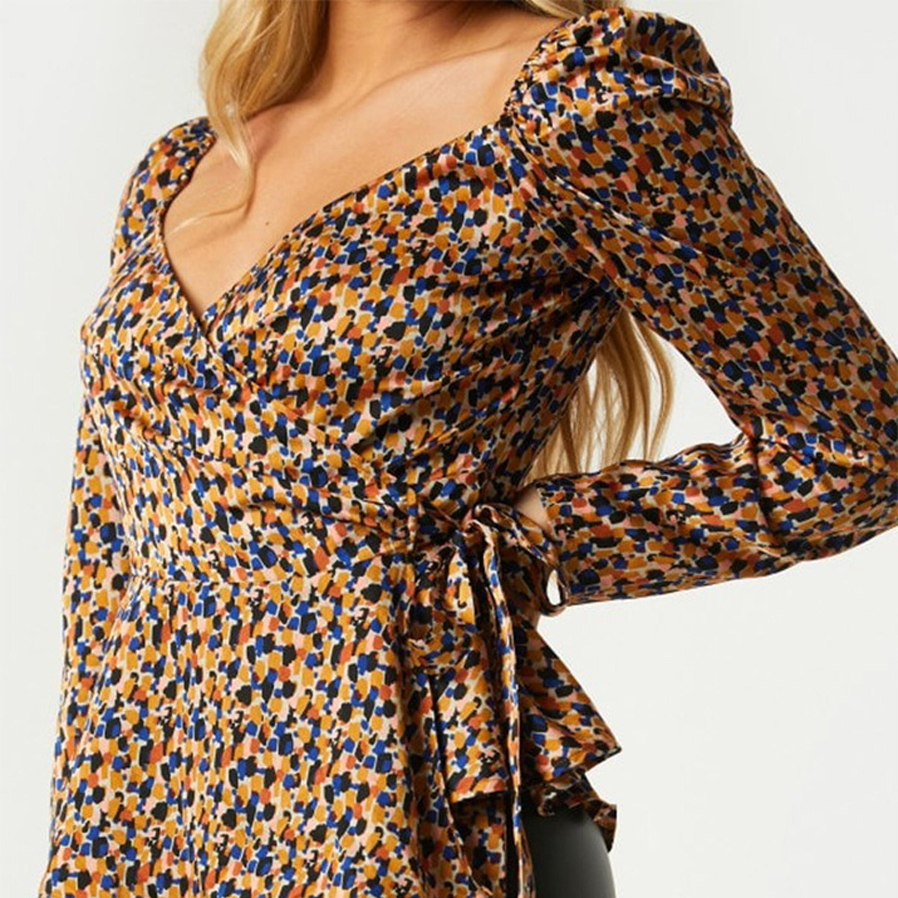 Little Mistress Printed V-Neck Long Sleeve Top with Tie Up-women-clothing-shirtsandblouses-blouses-image-3