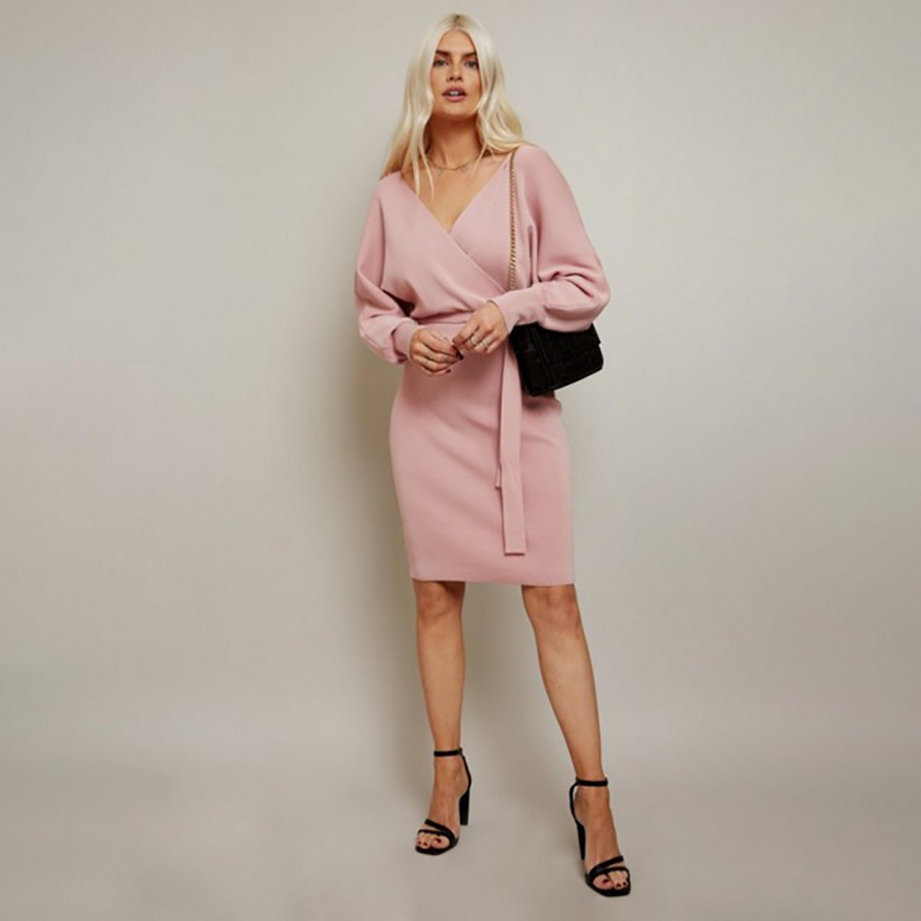 Little Mistress Dusty Pink Plain Plunge Neck Wrap Knee Length Women's Dress-women-clothing-dresses-image-1