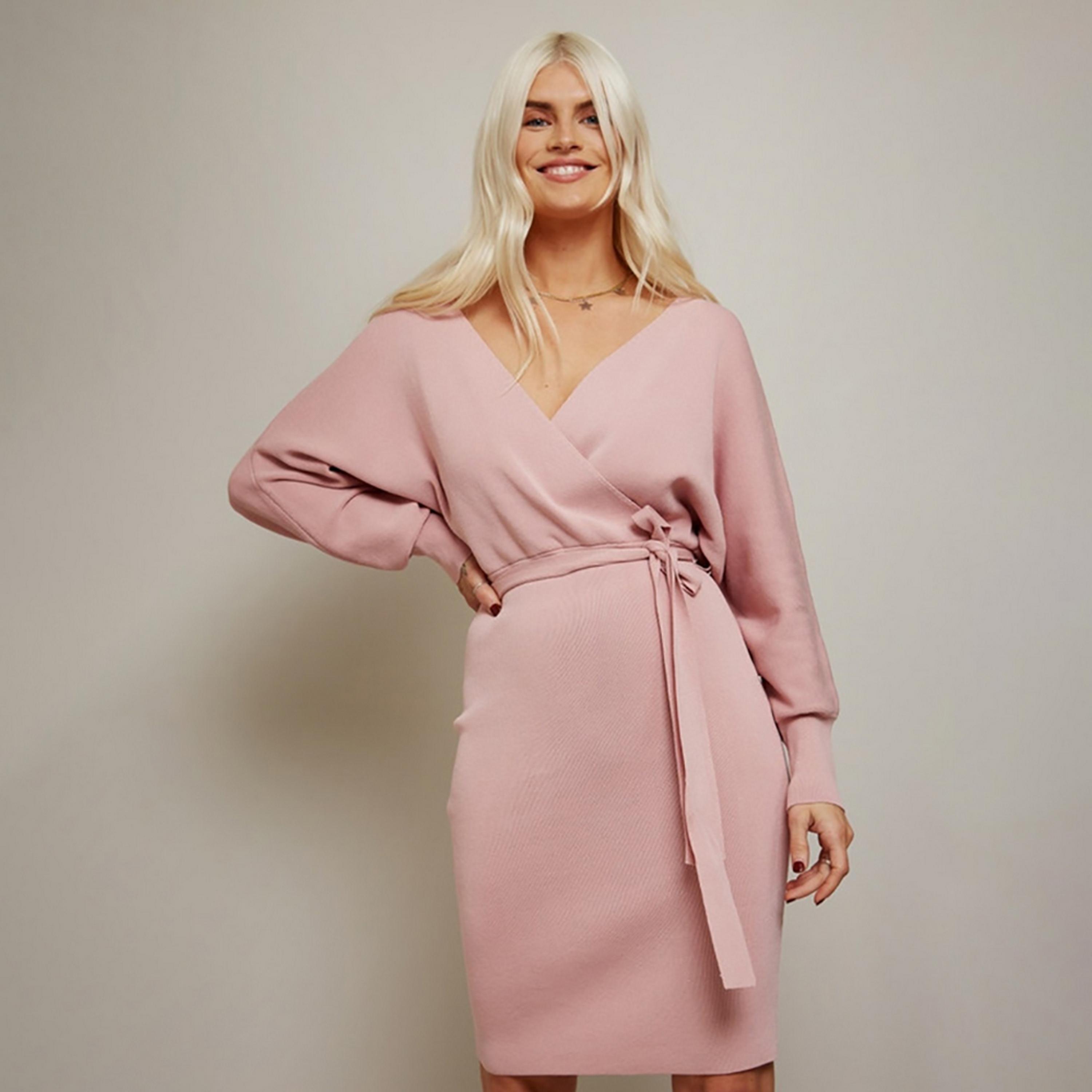 Little Mistress Dusty Pink Plain Plunge Neck Wrap Knee Length Women's Dress-women-clothing-dresses-image-3