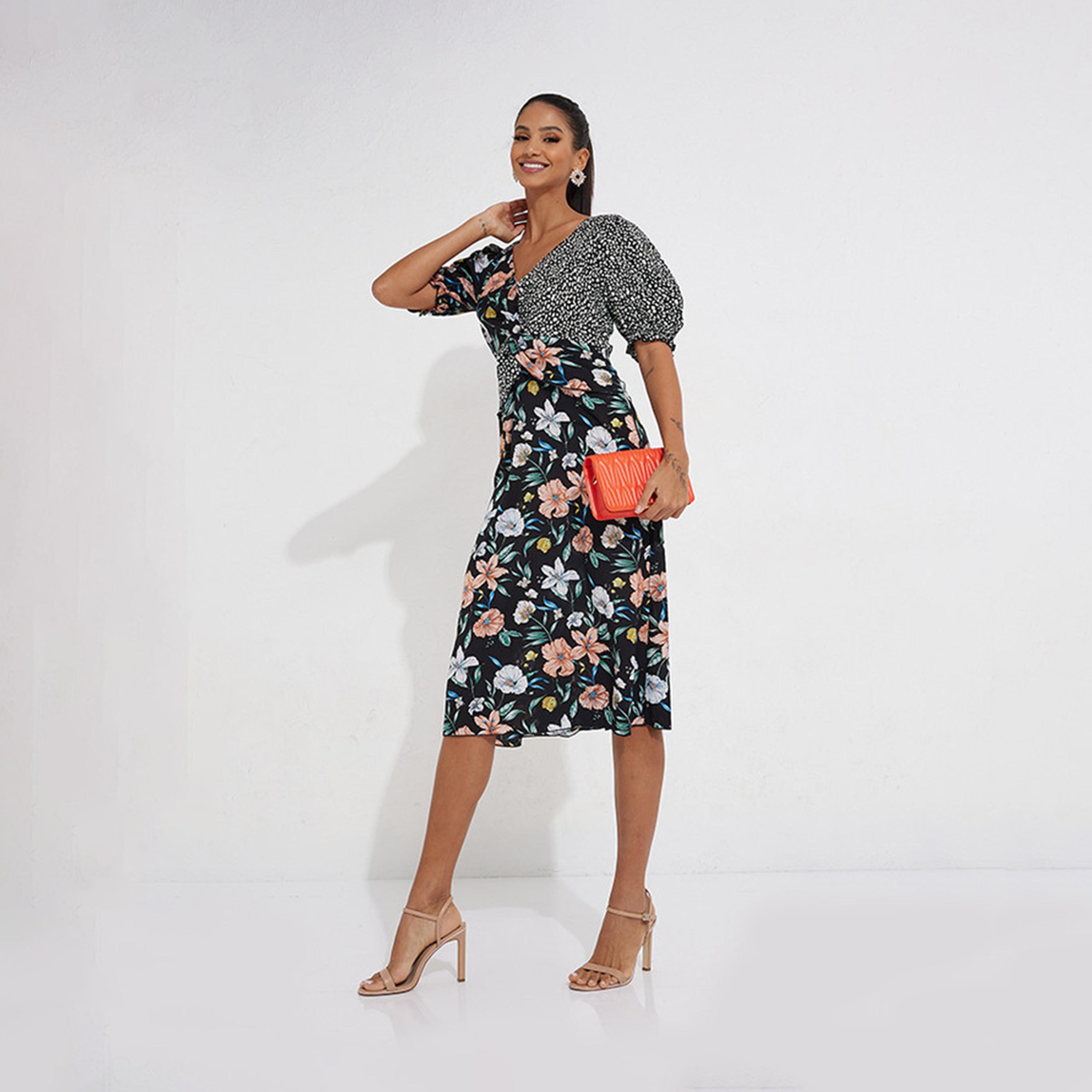 Little Mistress Floral V-neck A-line Midi Dress with Short Sleeves-women-clothing-dresses-image-2