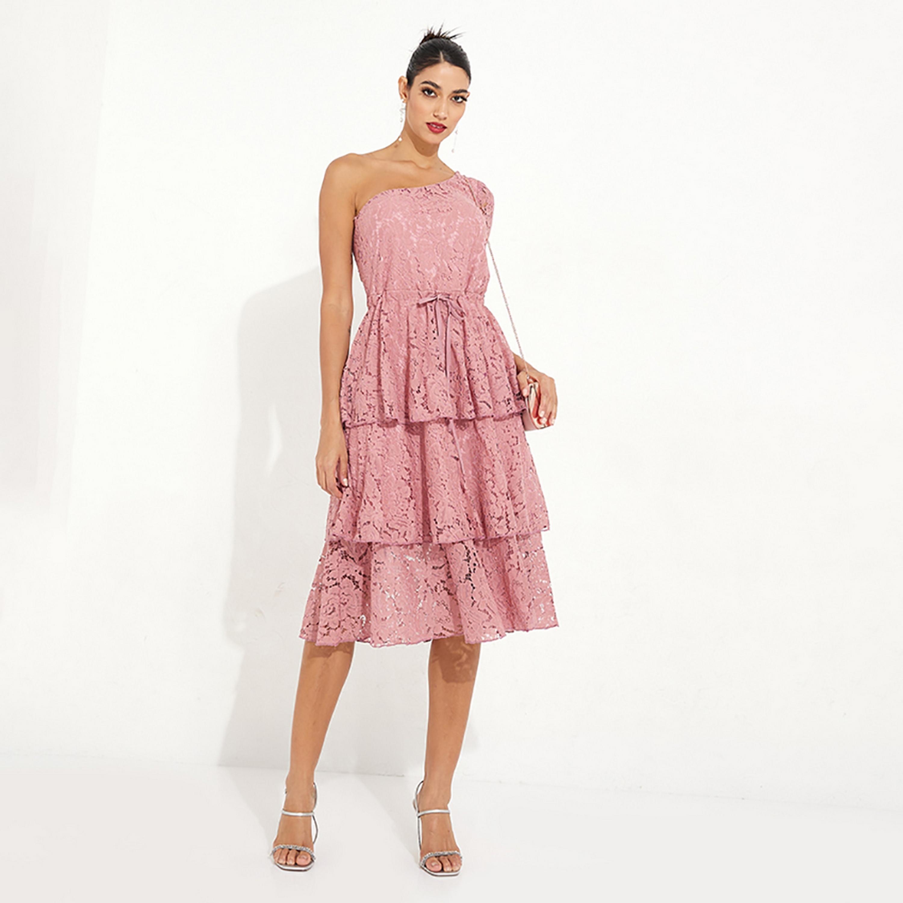 Buy Little Mistress Pink Lace One Shoulder one Sleeves Tiered Midi Women's  Dress Online | Centrepoint Qatar